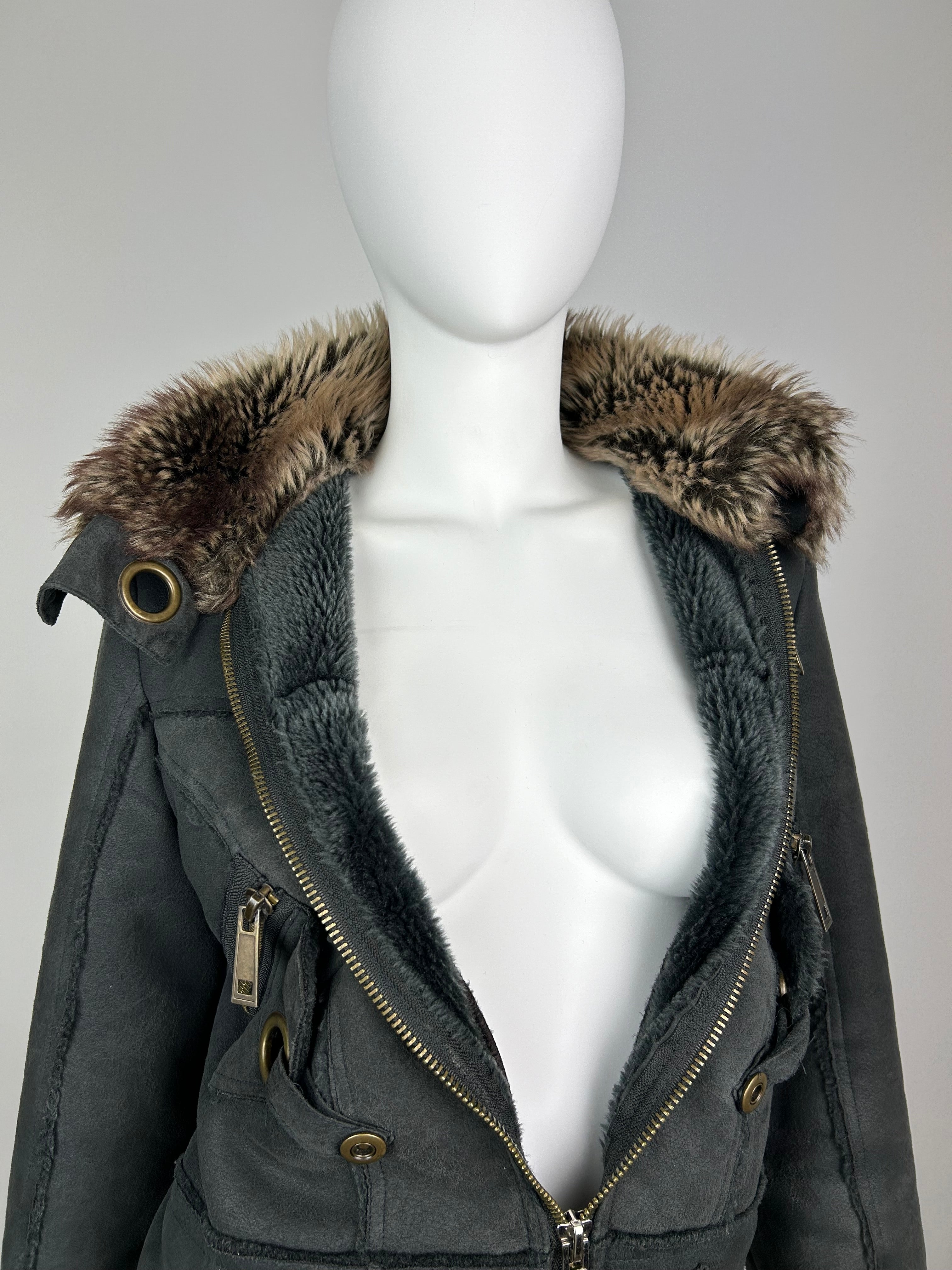 Faux Fur Fleece Bomber Jacket with Metal Details