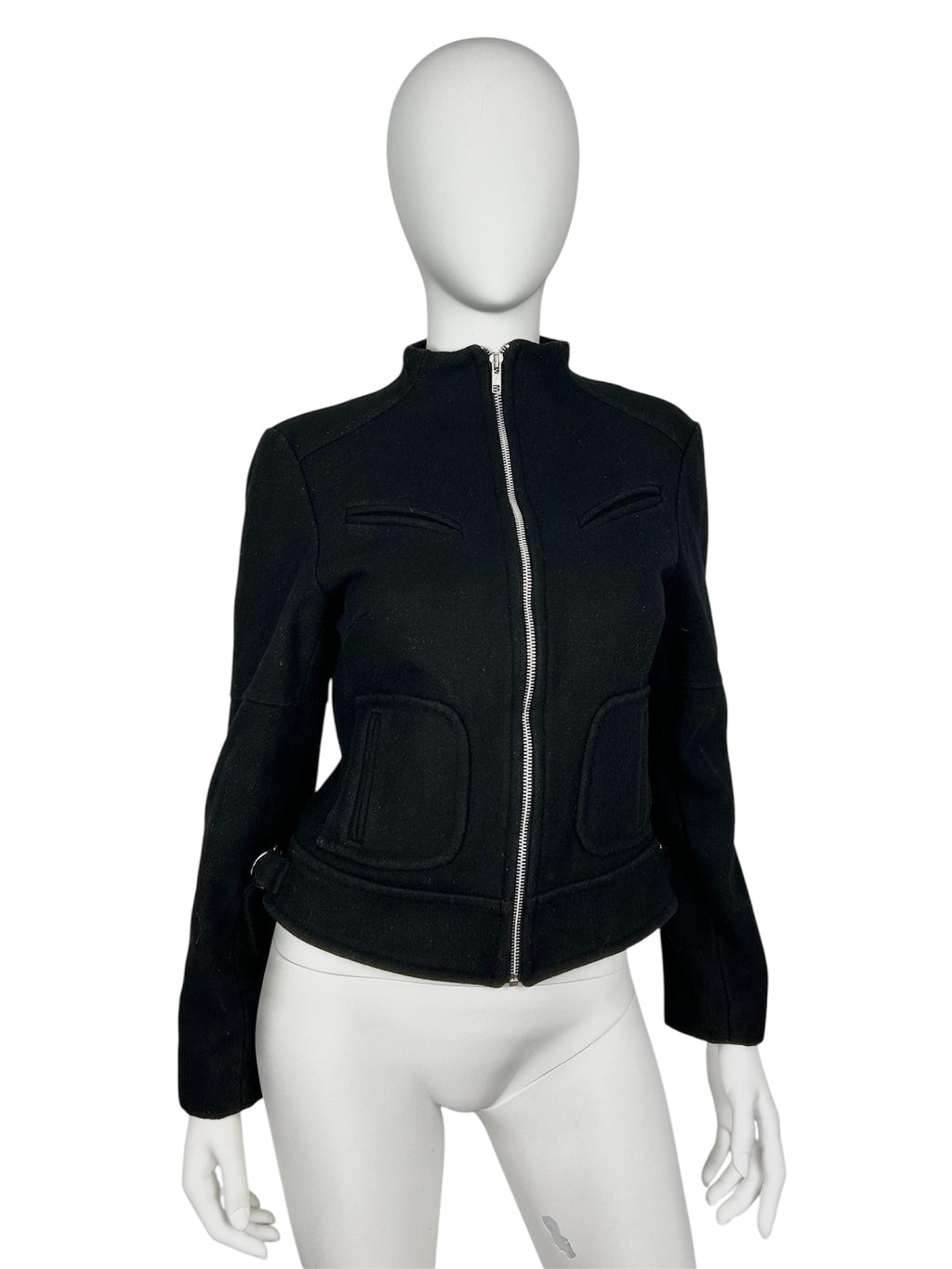 Wool Blend Biker Jacket with Straight Collar