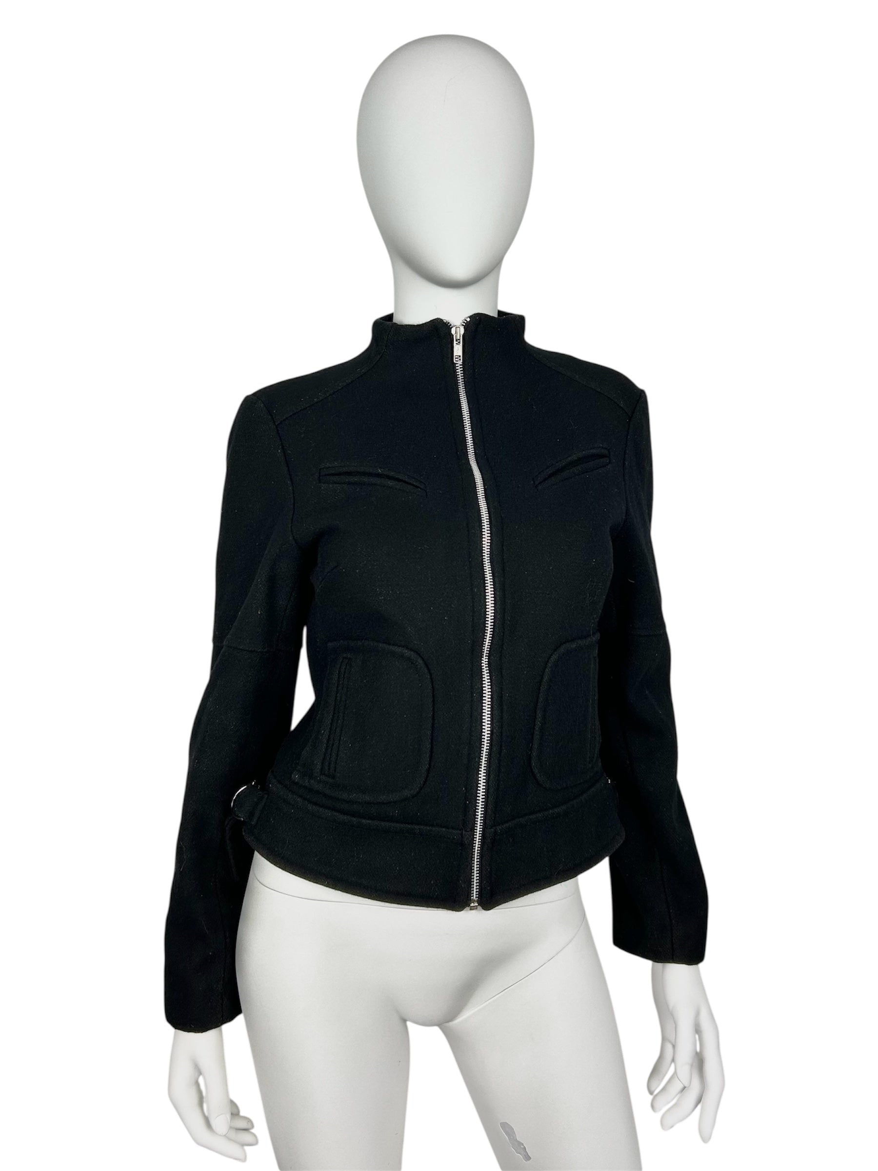 Wool Blend Biker Jacket with Straight Collar