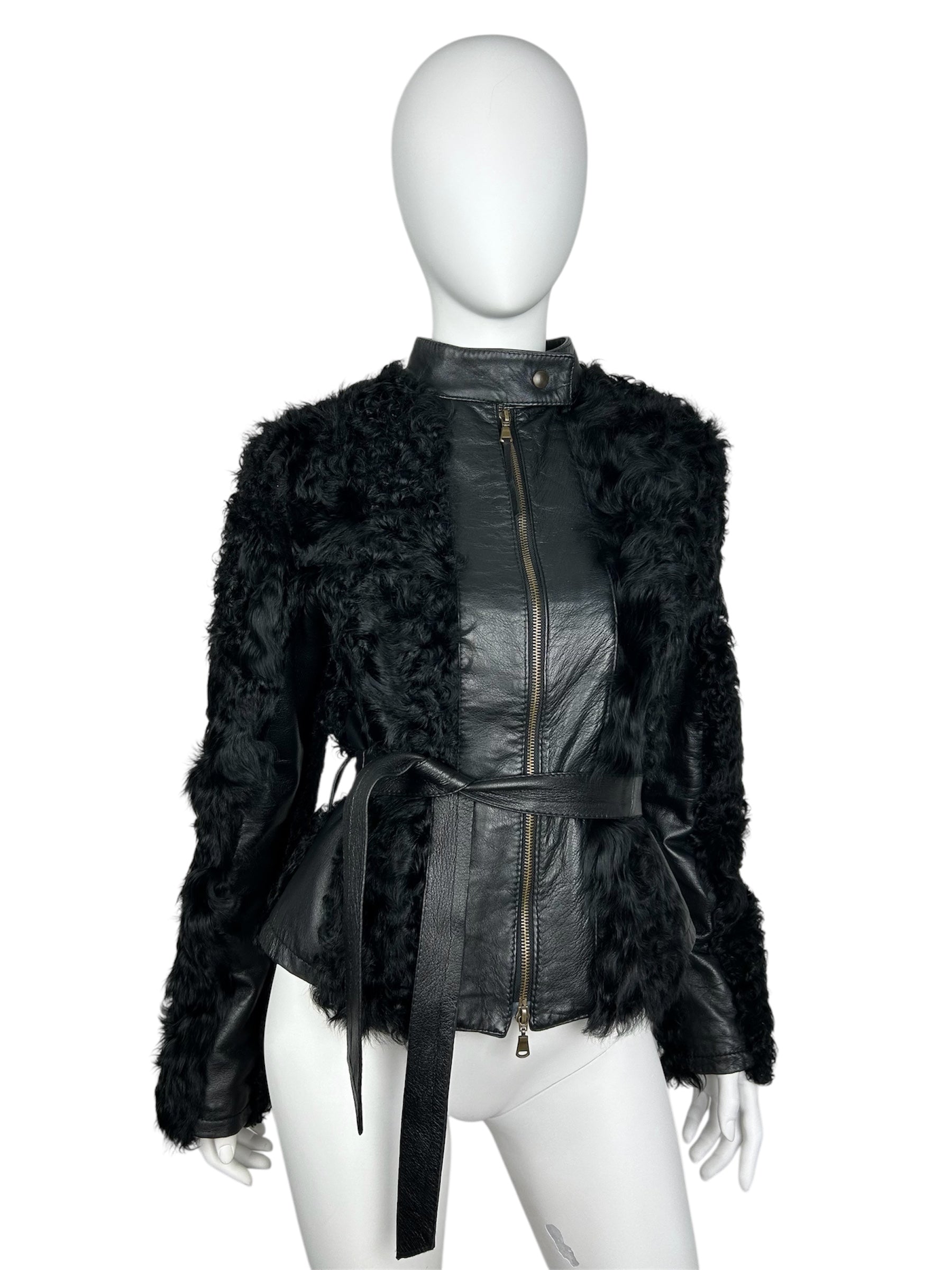 Real Leather Moto Jacket with Real Fur and Belt Details