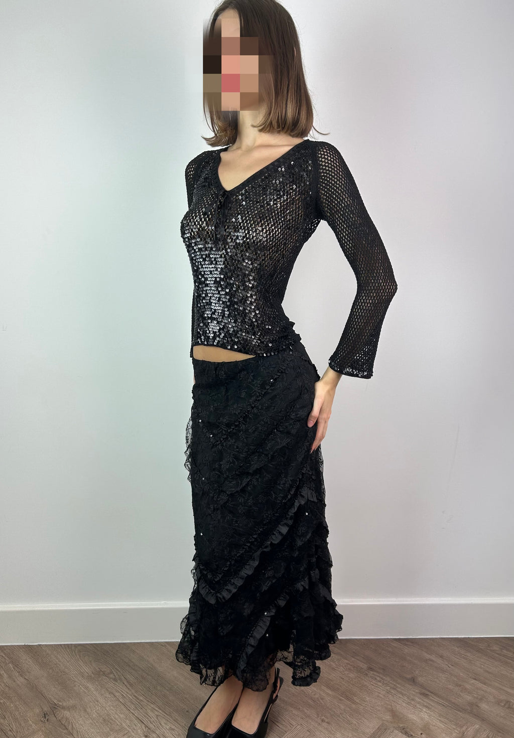 Black Mesh 3/4 Sleeve Top with Sequins