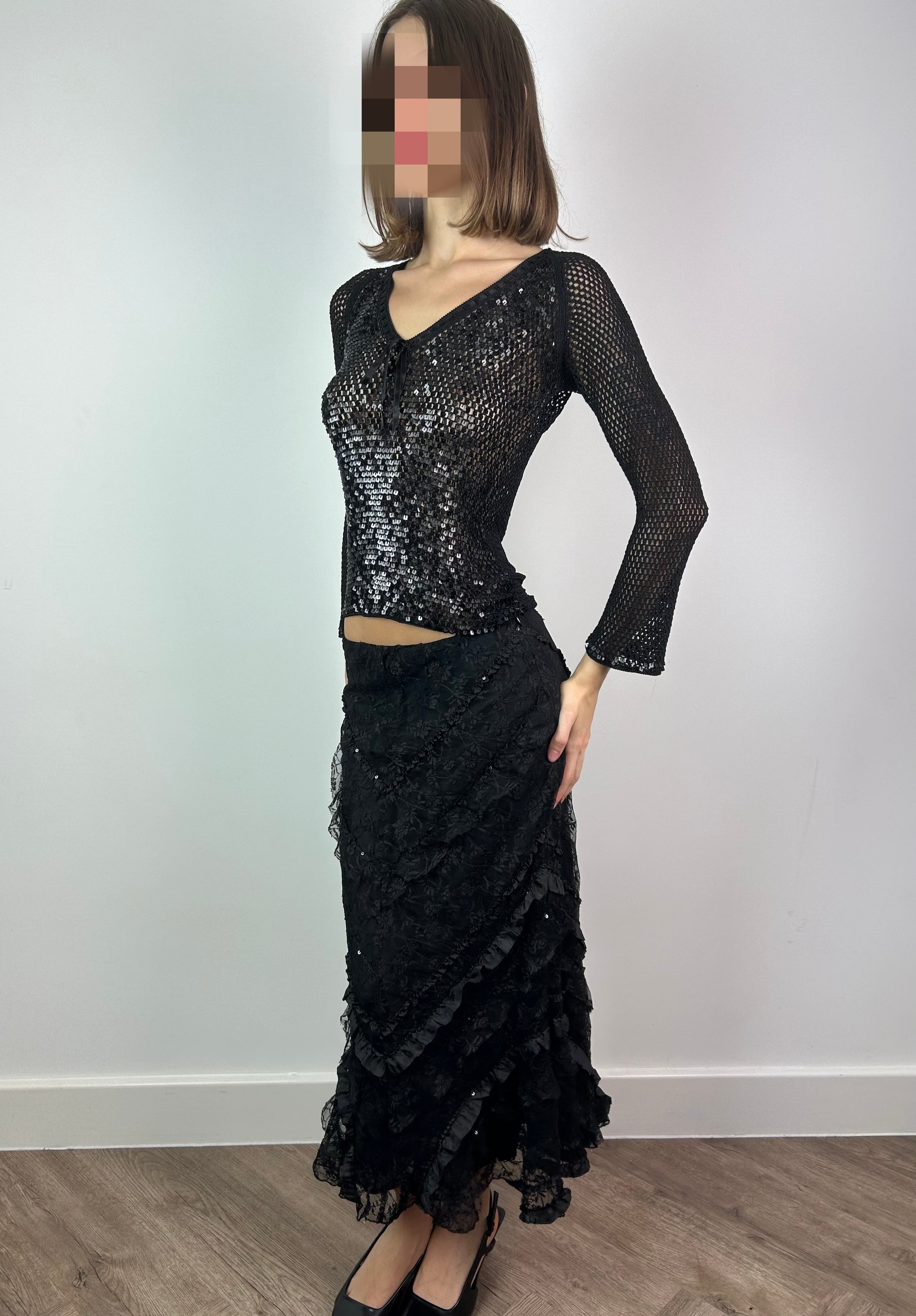 Black Mesh 3/4 Sleeve Top with Sequins
