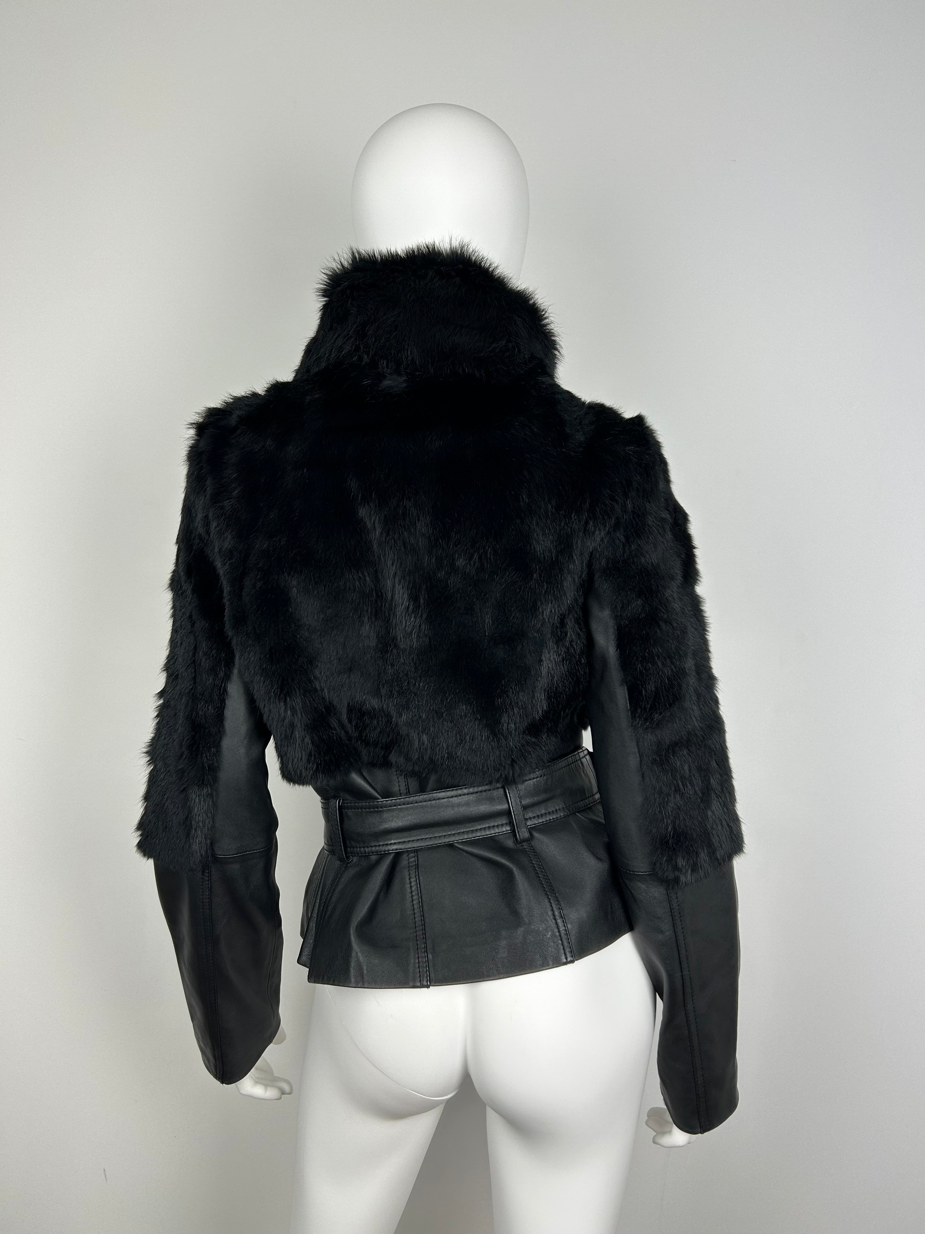 Real Leather Turtleneck Jacket with Belt and Real Fur Details