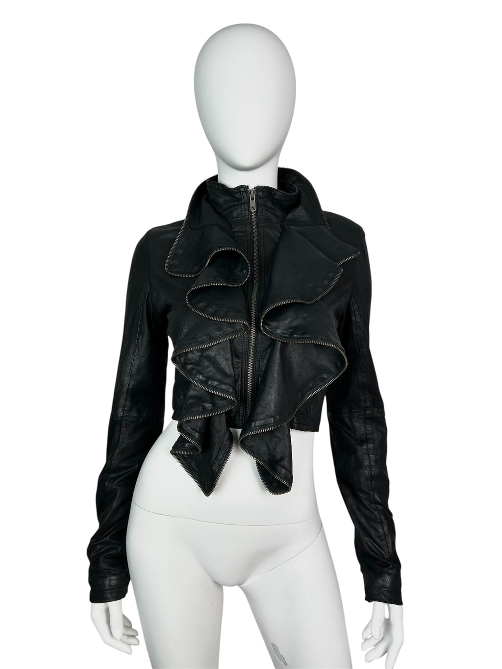Cropped Structured Zip Up Leather Jacket With Zipper Details