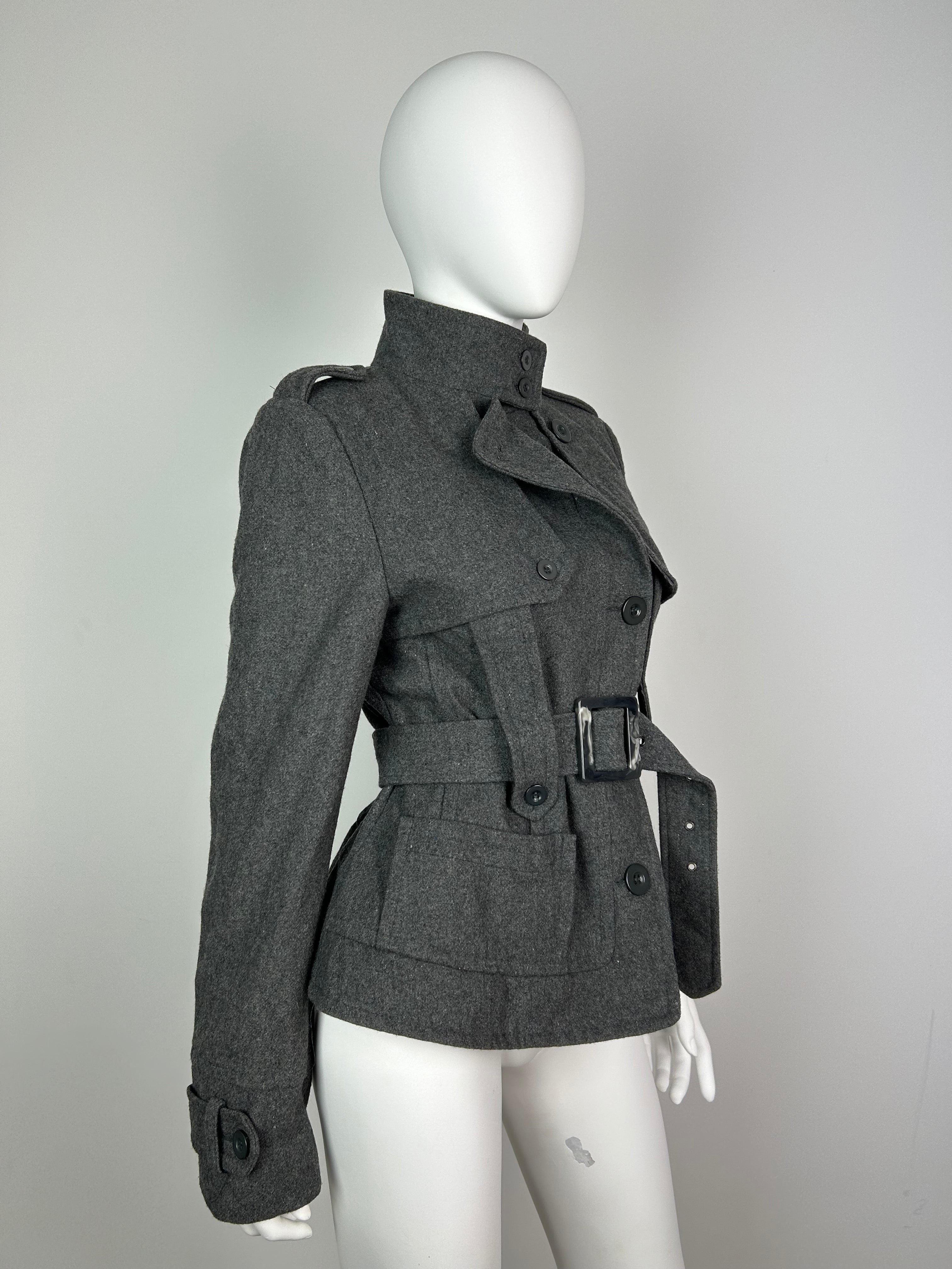 Wool Blend Military Coat with Belt