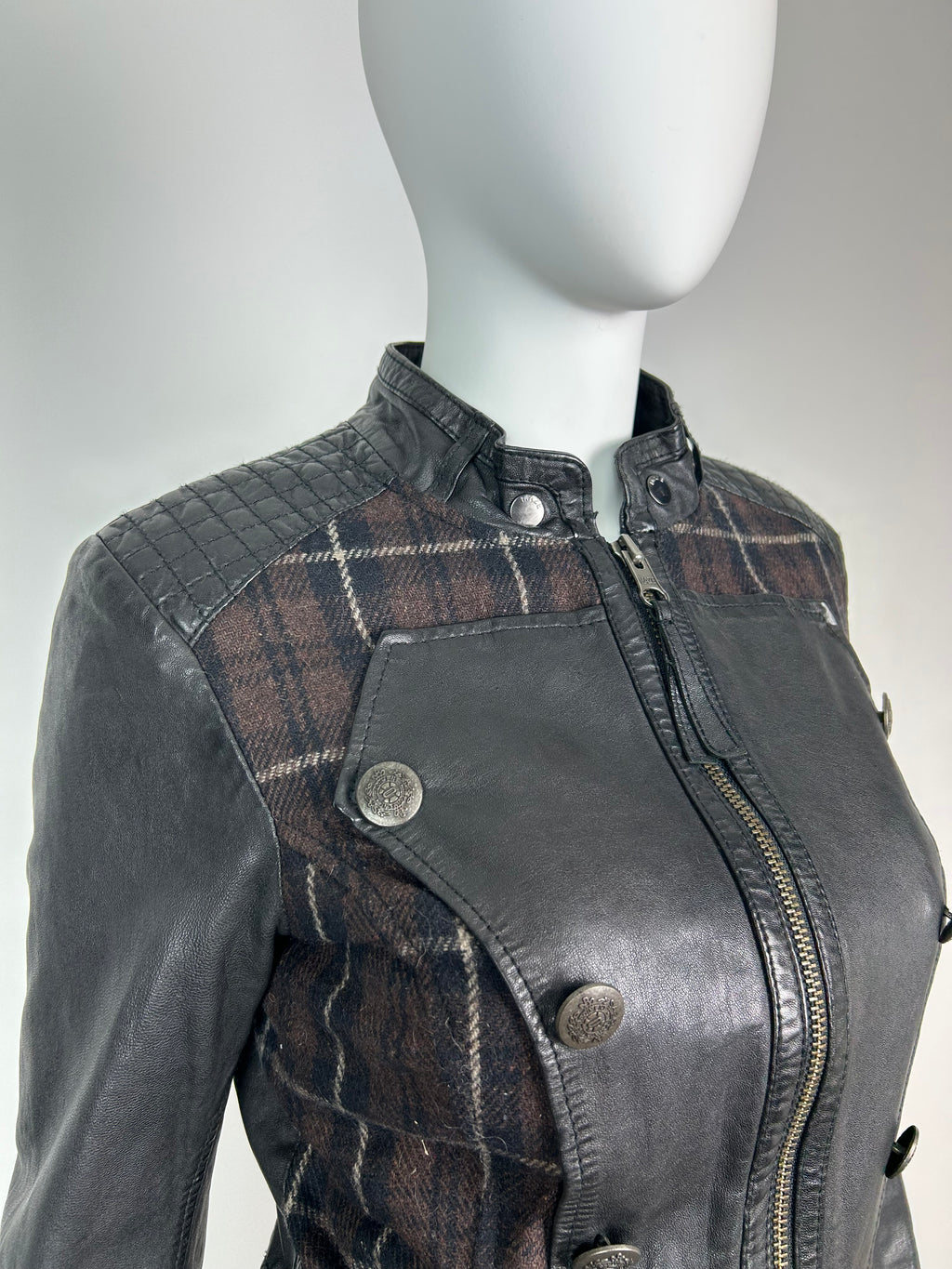 Real Leather Napoleon Jacket With Plaid Wool Details
