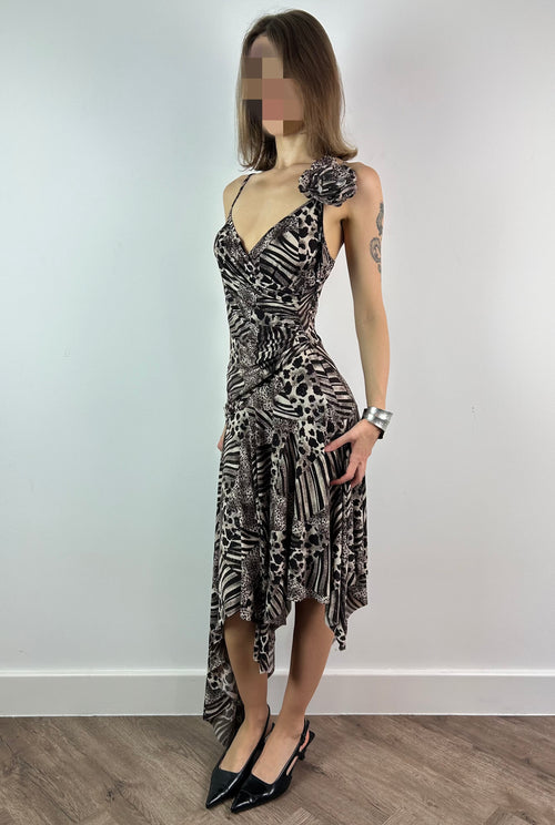 Animal Print Sparkly Asymmetrical Midi Dress with Brooch