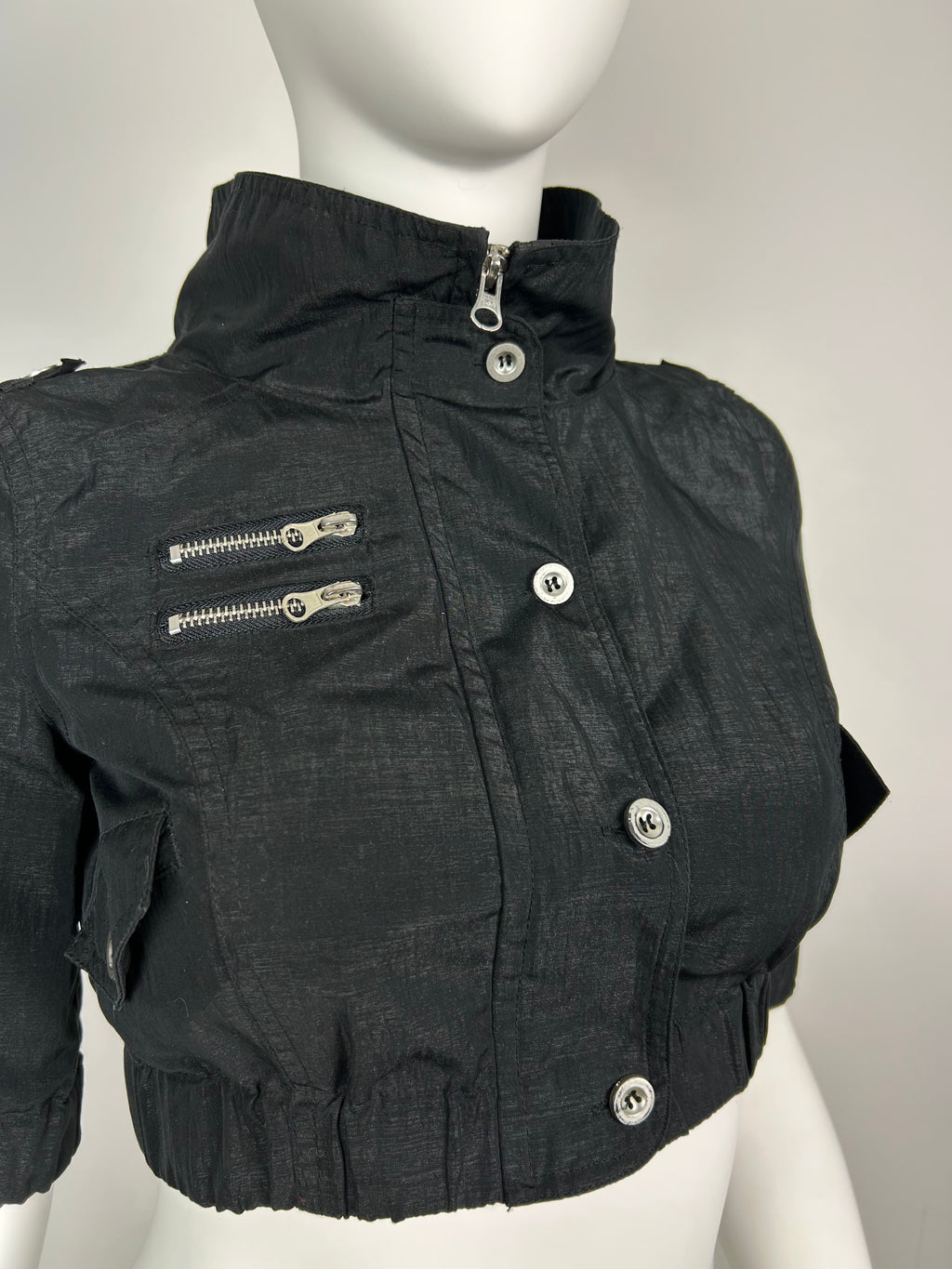 Cropped Straight Collar Zip Up Jacket with 3/4 Sleeve and Metal Details