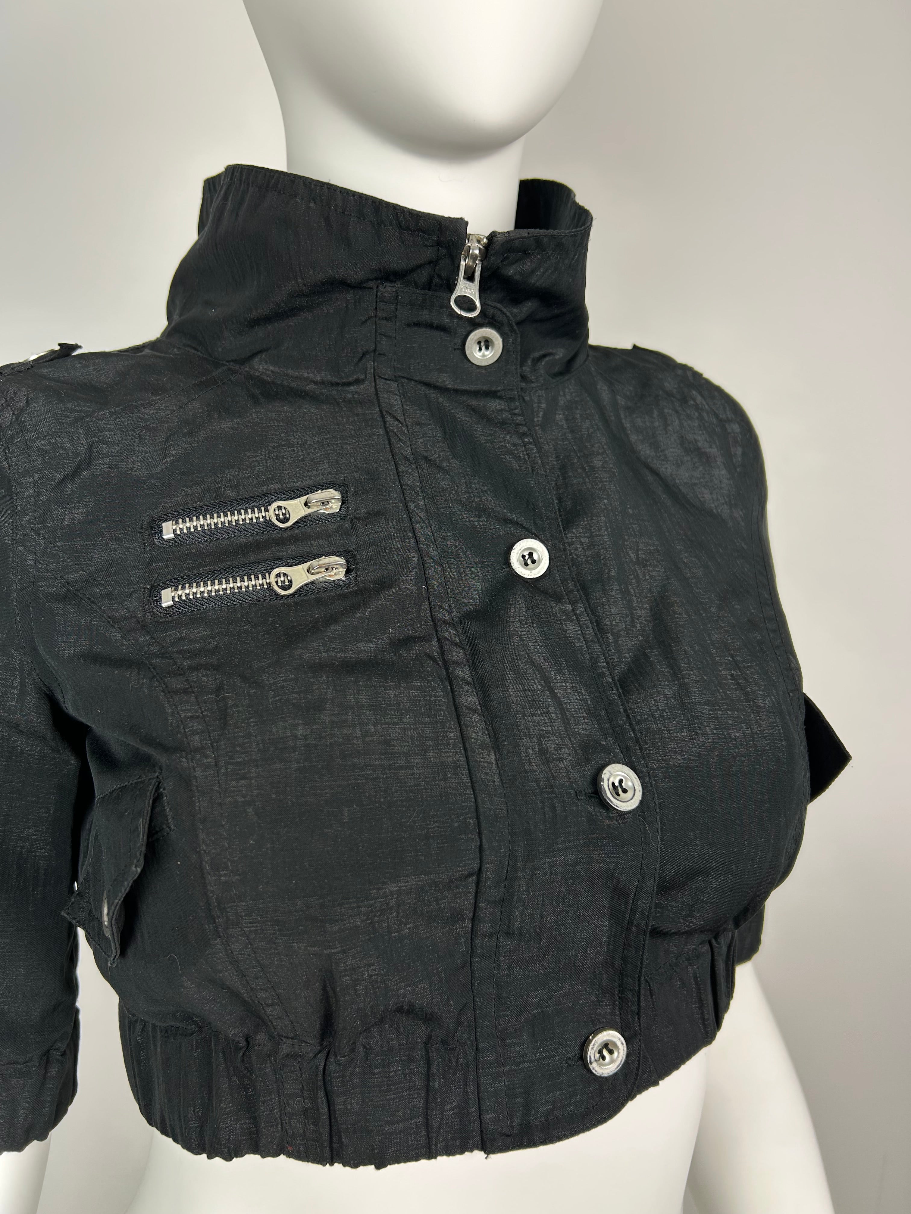 Cropped Straight Collar Zip Up Jacket with 3/4 Sleeve and Metal Details