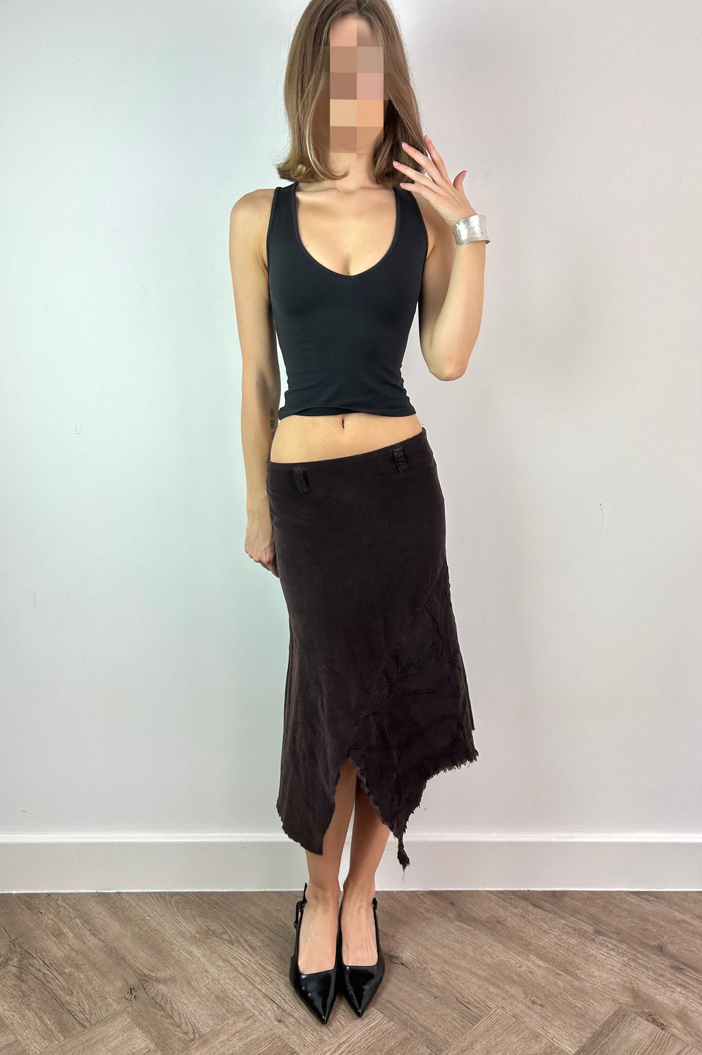 Brown Asymmetric Corduroy Midi Skirt with Floral Pattern
