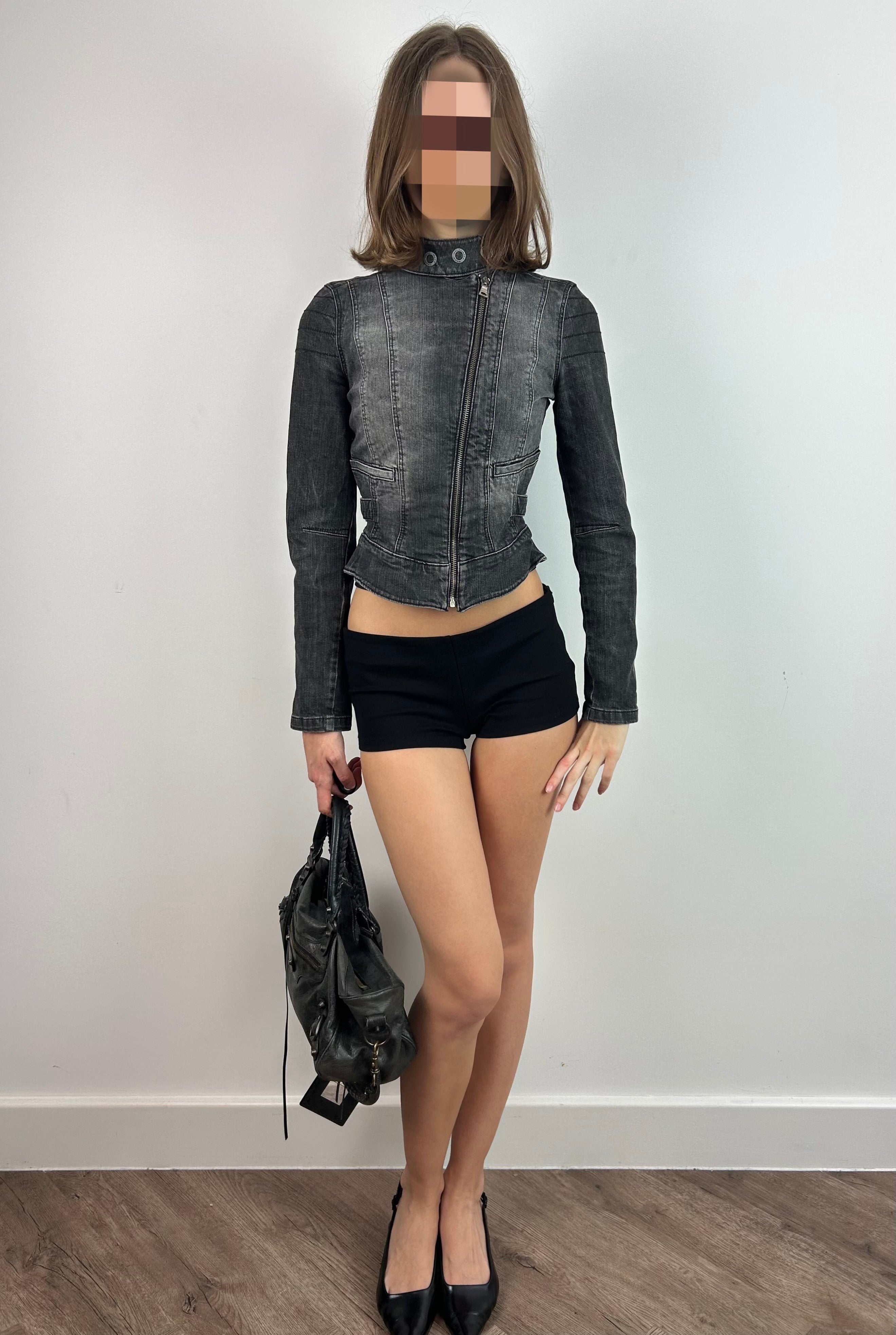 Grey Fitted Moto Denim Jacket
