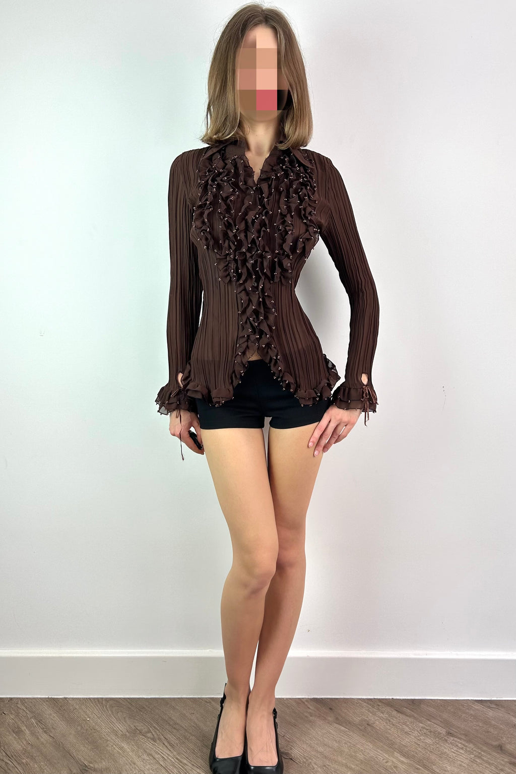 Brown Plisse Shirt with Beaded Ruffles