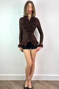 Brown Plisse Shirt with Beaded Ruffles