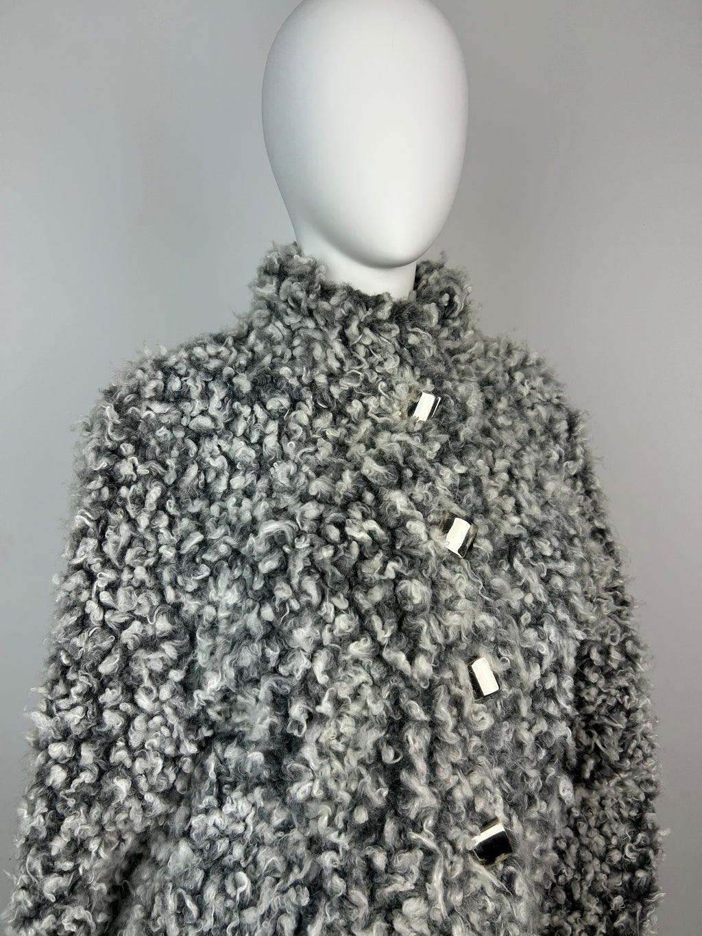 Faux Sheepskin Curled Fur Oversized Jacket with Big Metal Buttons