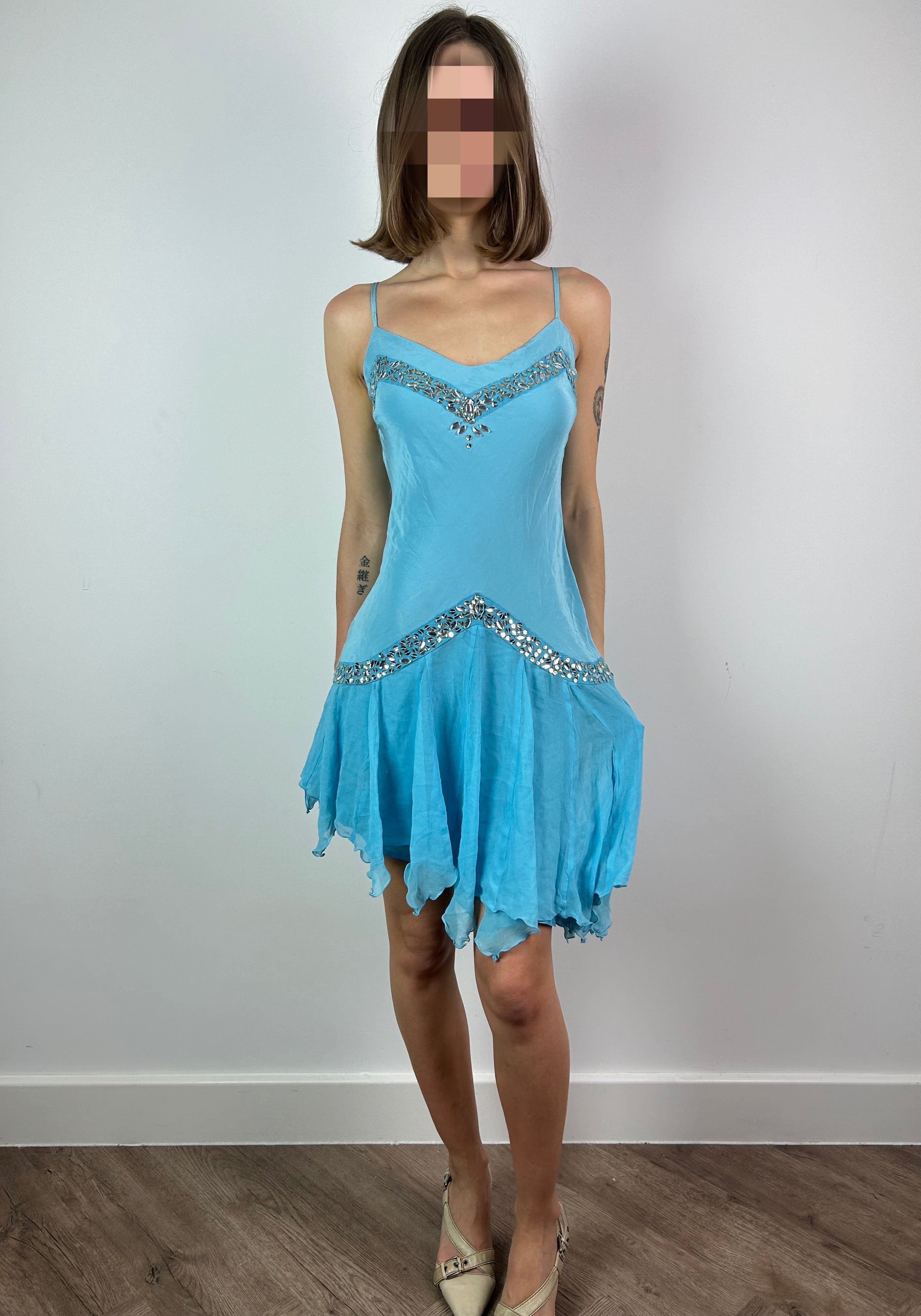 Blue 100% Silk Asymmetric Midi Dress
