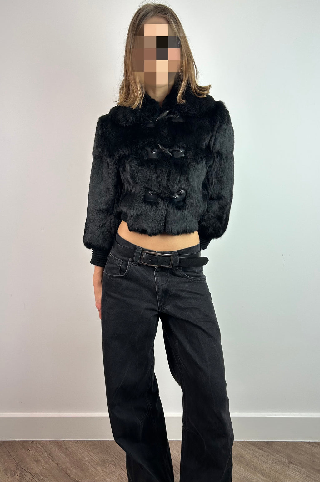 Black Real Fur Cropped Jacket with 3/4 Sleeves