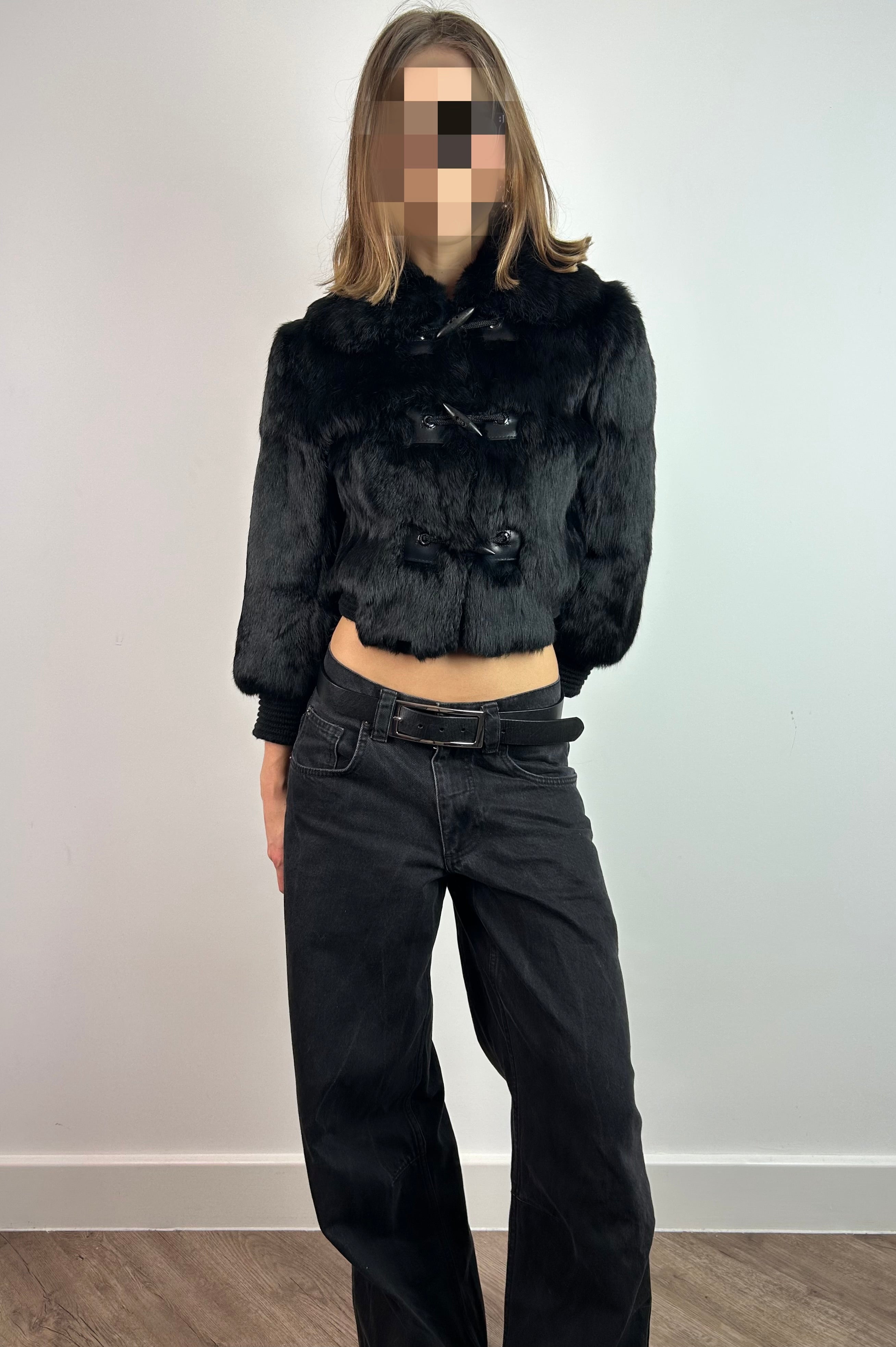 Black Real Fur Cropped Jacket with 3/4 Sleeves
