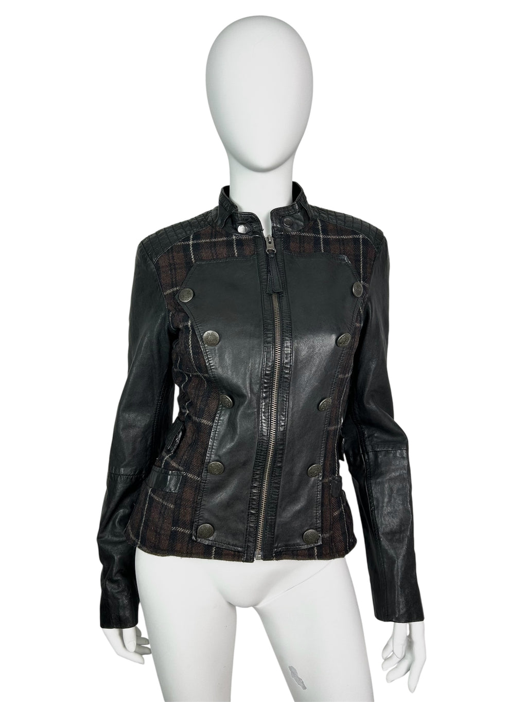 Real Leather Napoleon Jacket With Plaid Wool Details