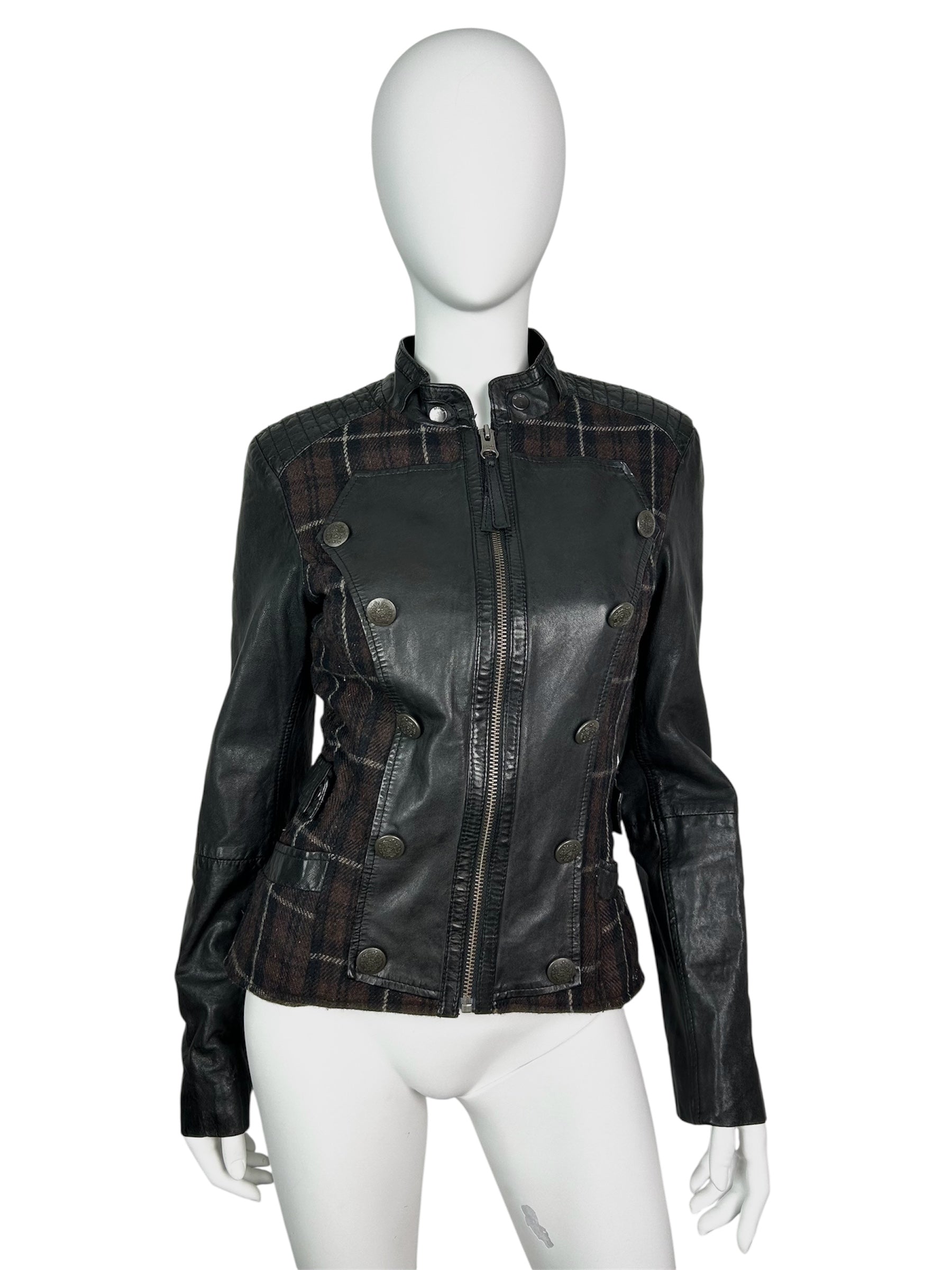 Real Leather Napoleon Jacket With Plaid Wool Details