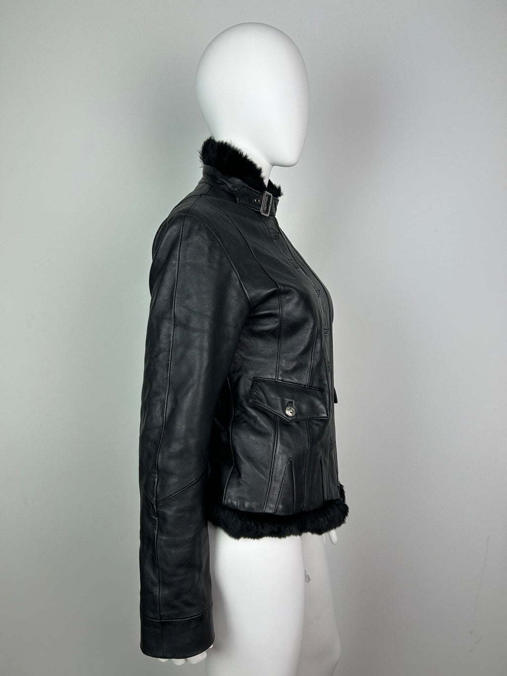 Black Real Leather Biker Jacket with Real Fur Details