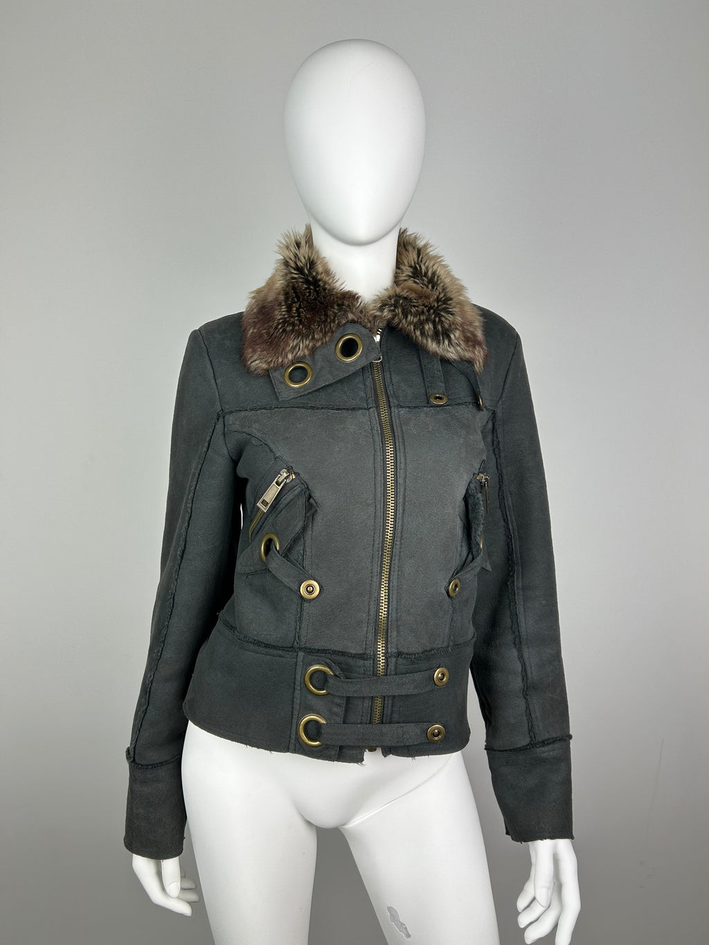 Faux Fur Fleece Bomber Jacket with Metal Details