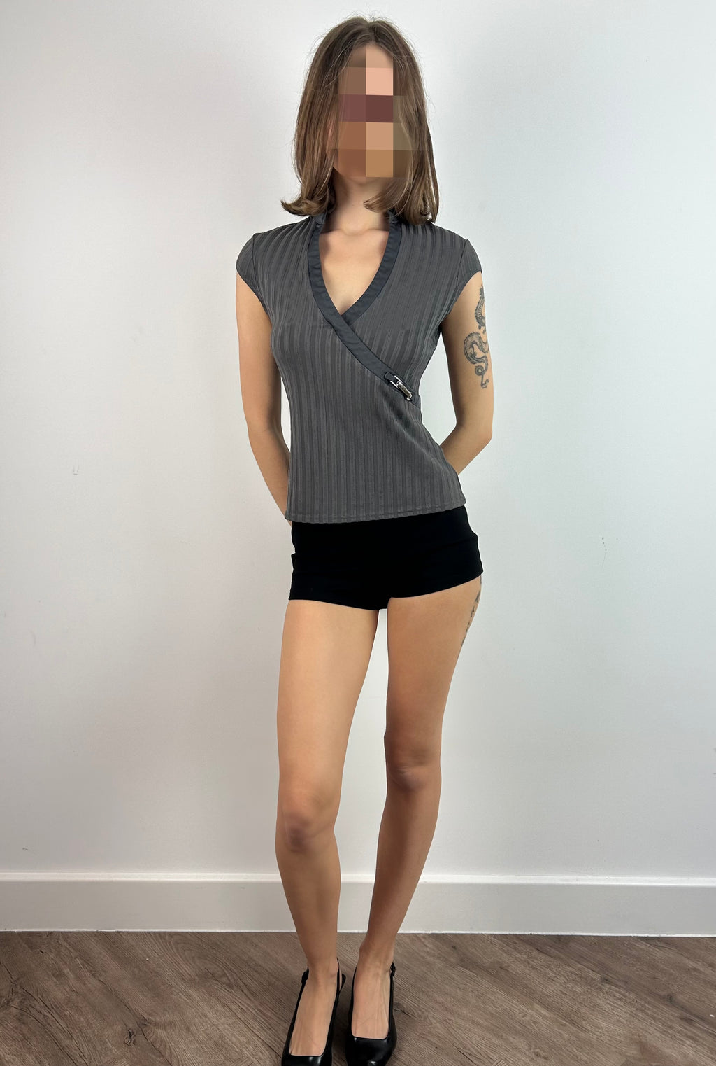 Grey Wrap Top with Metal Buckle