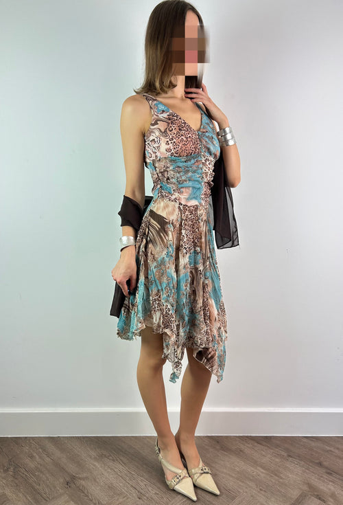 Asymmetrical Ruched Leopard Print Midi Dress with Shawl