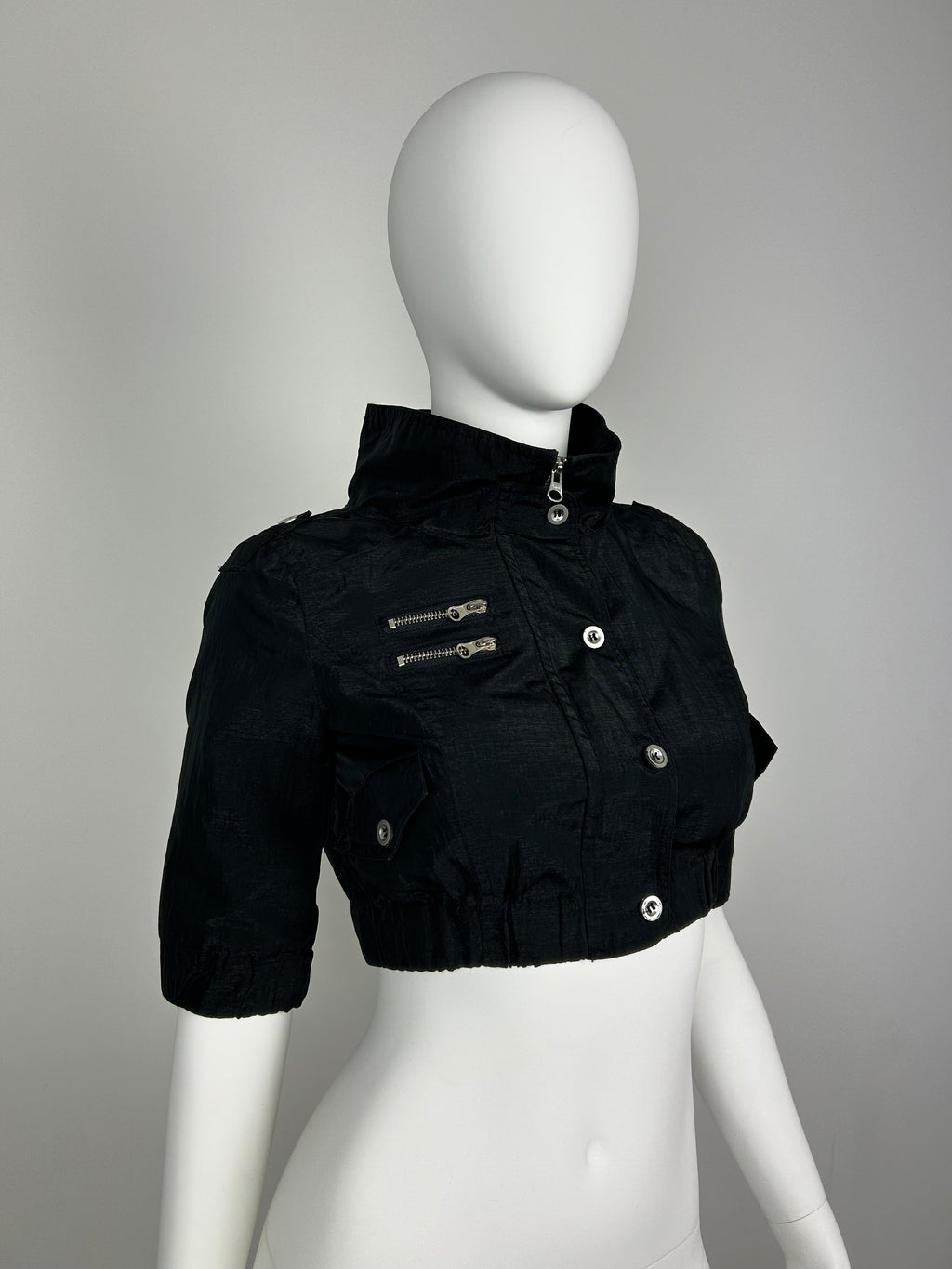 Cropped Straight Collar Zip Up Jacket with 3/4 Sleeve and Metal Details