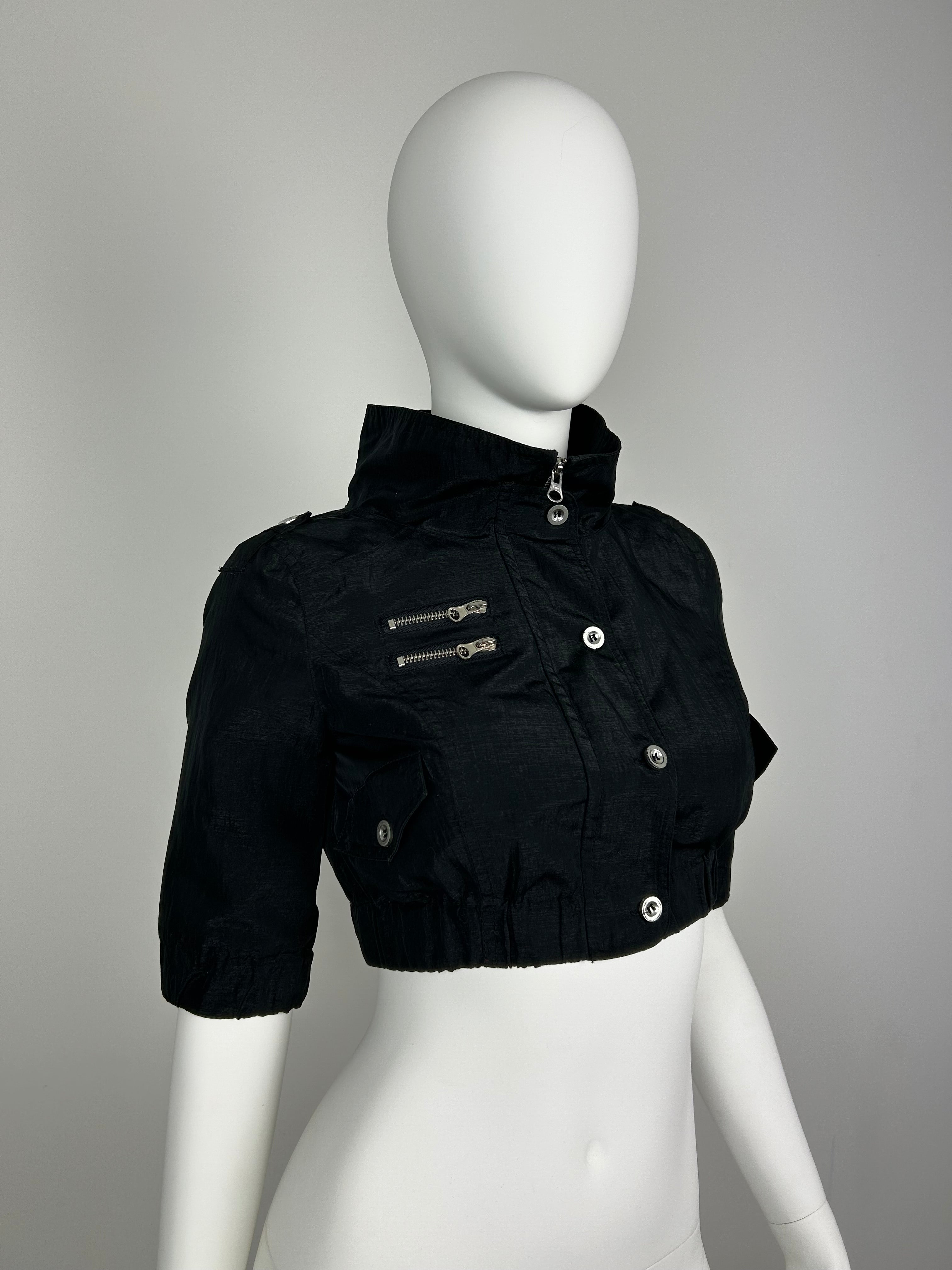 Cropped Straight Collar Zip Up Jacket with 3/4 Sleeve and Metal Details