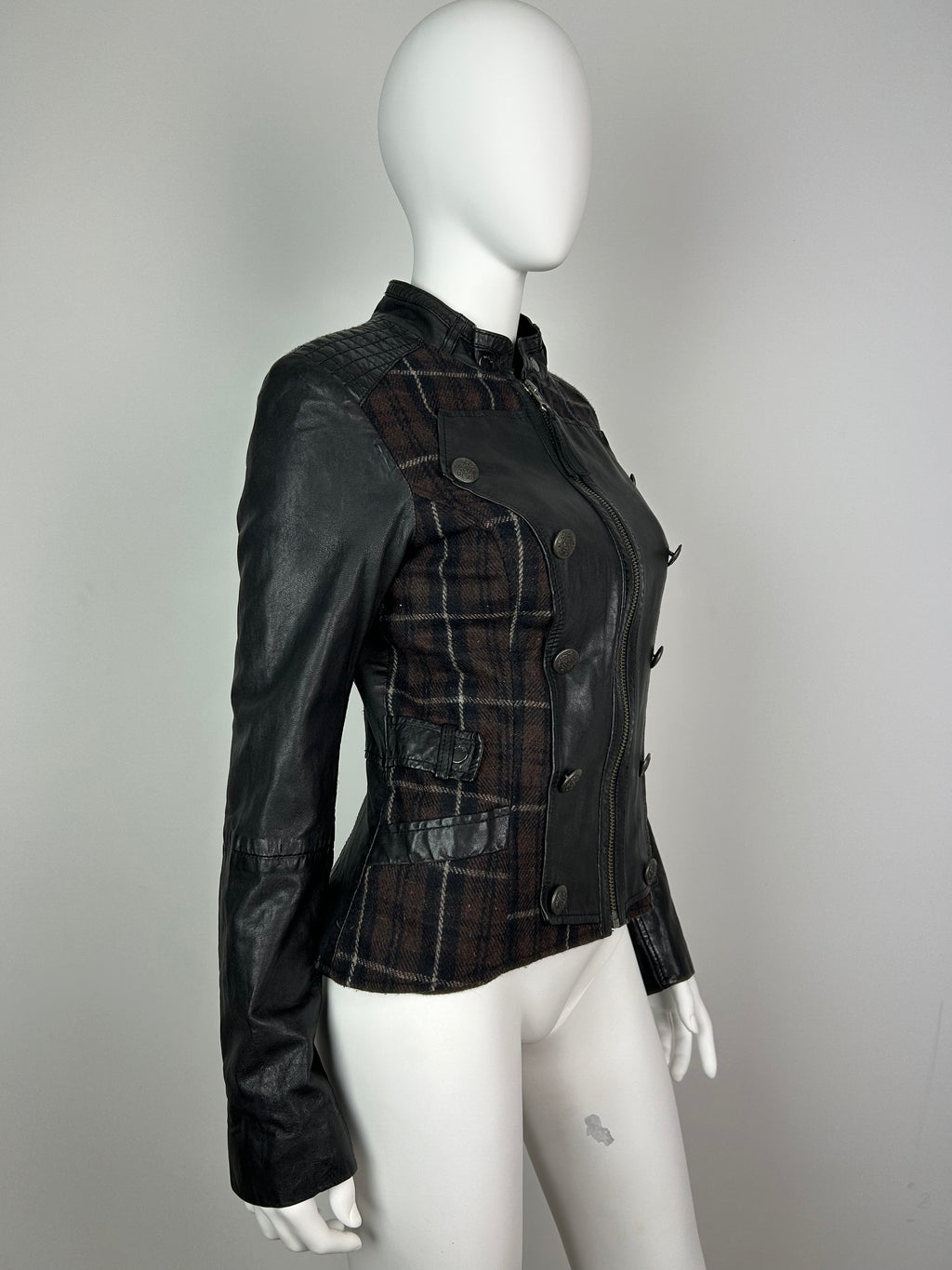 Real Leather Napoleon Jacket With Plaid Wool Details