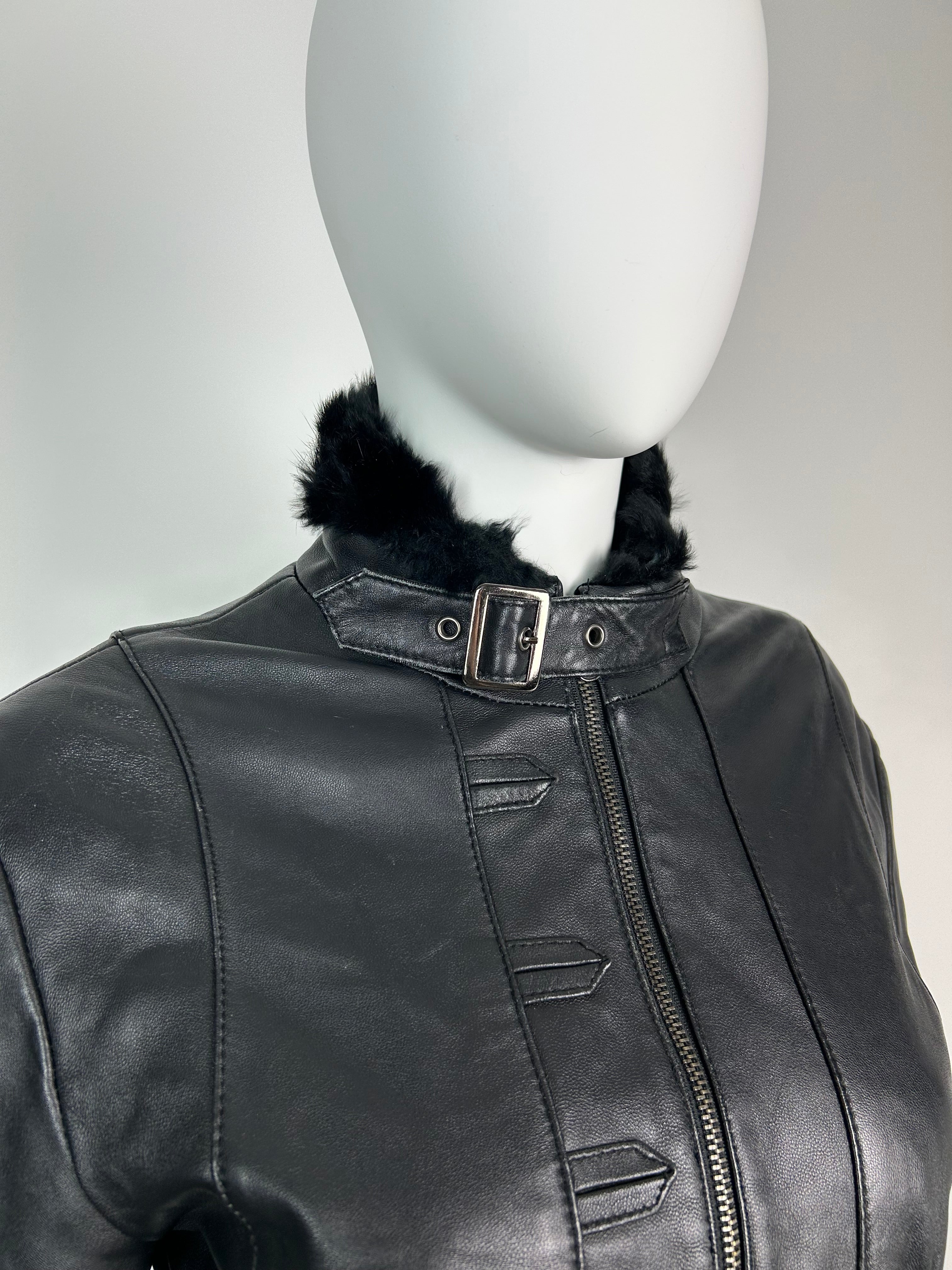 Black Real Leather Biker Jacket with Real Fur Details