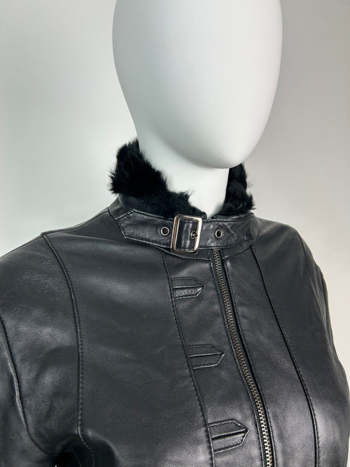 Black Real Leather Biker Jacket with Real Fur Details
