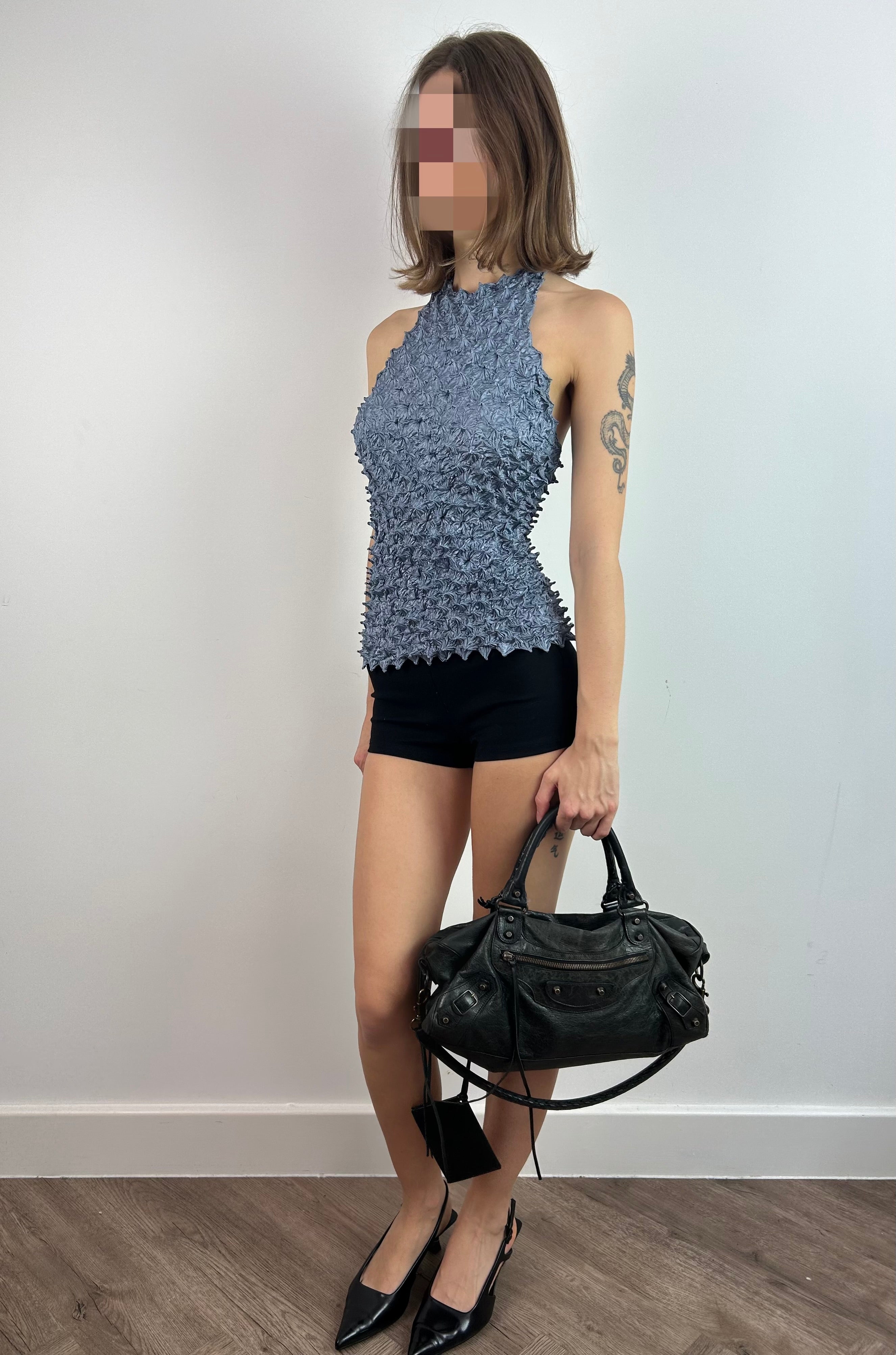 Blue Popcorn Fabric Halter Neck Top