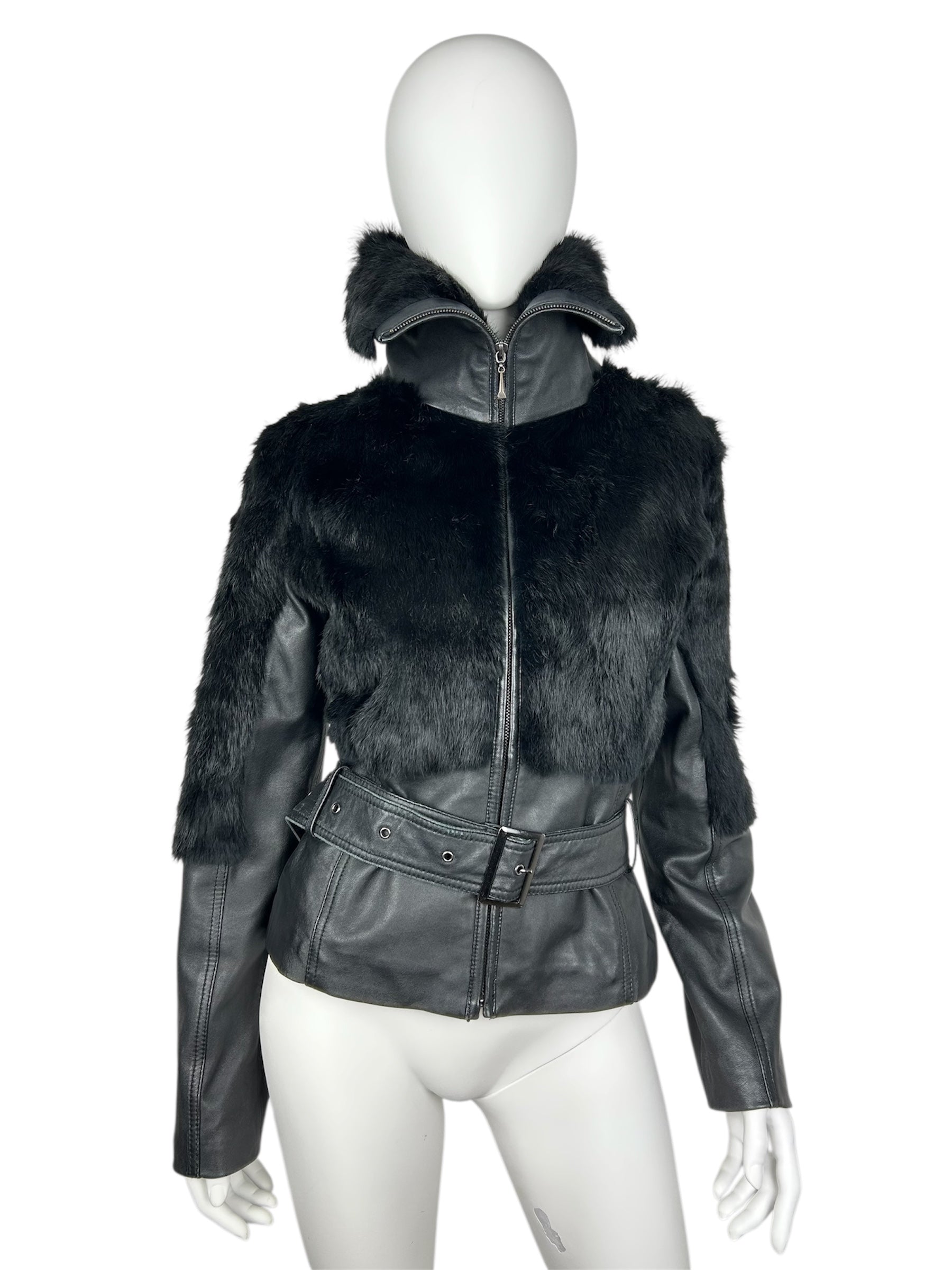 Real Leather Turtleneck Jacket with Belt and Real Fur Details