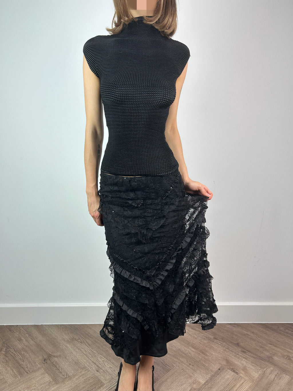 Black Lace Maxi Skirt with Sequins