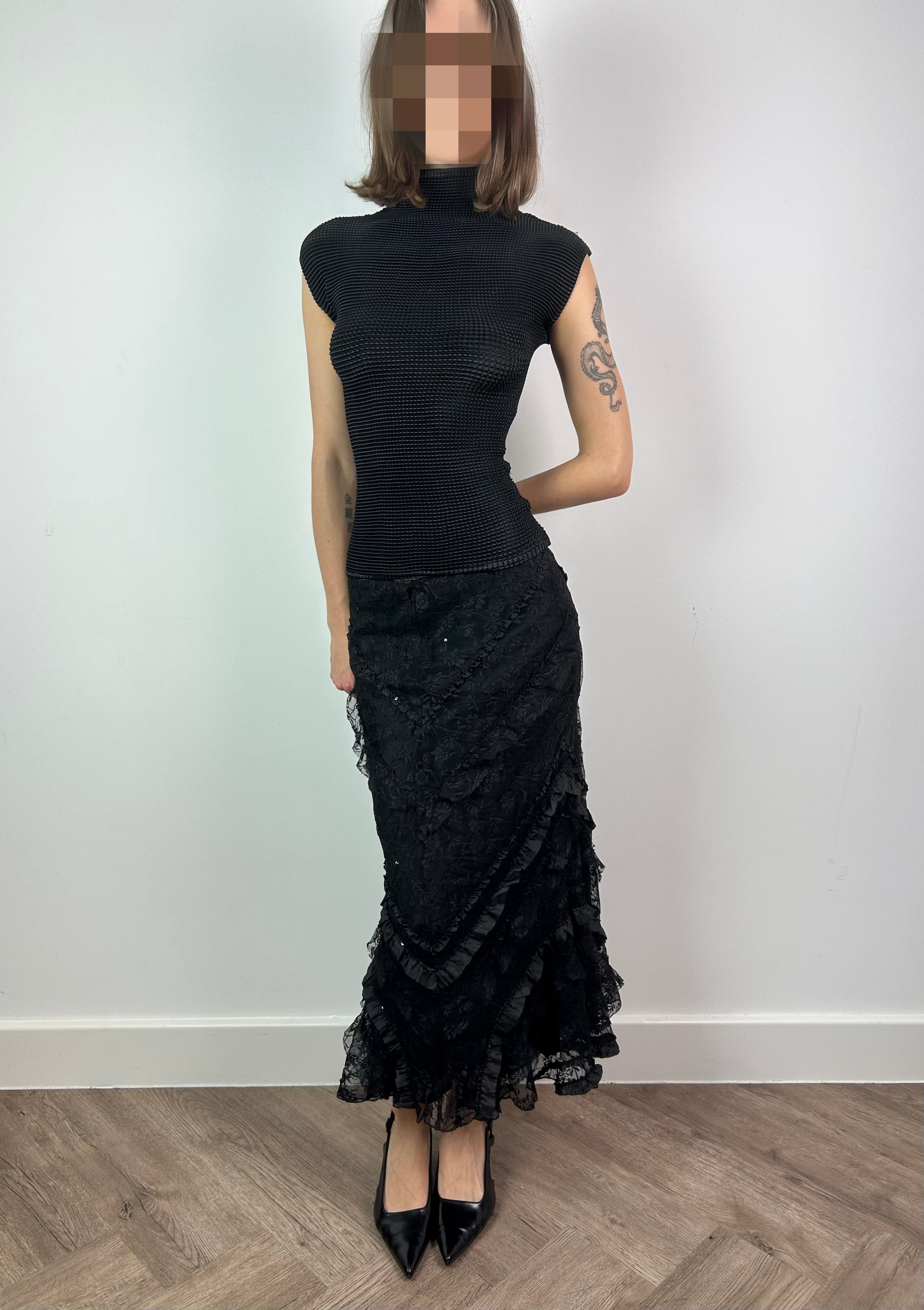Black Lace Maxi Skirt with Sequins