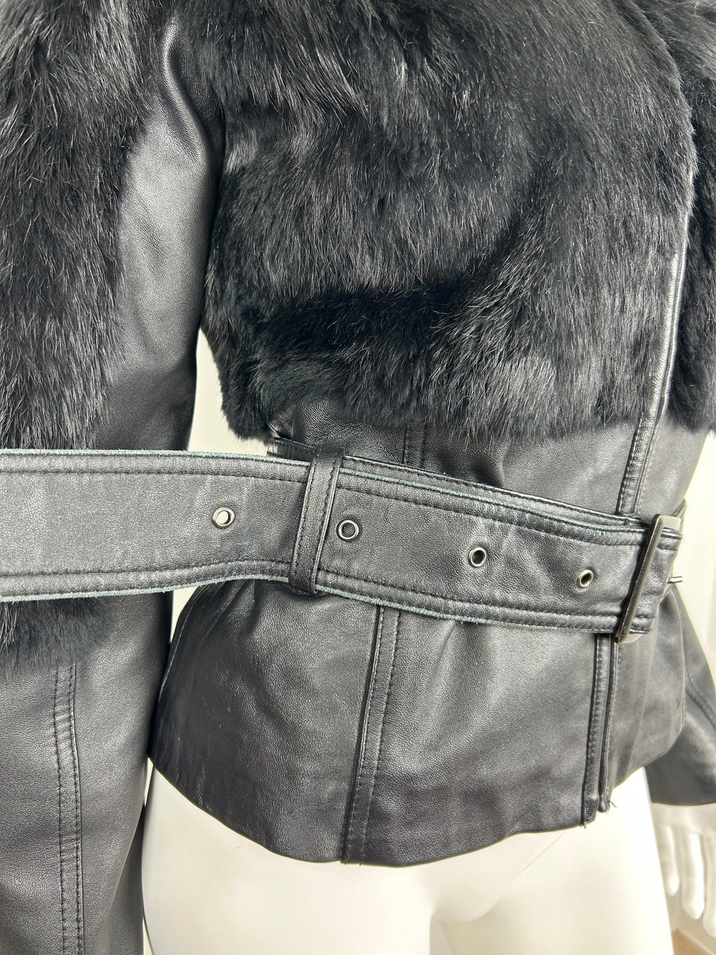 Real Leather Turtleneck Jacket with Belt and Real Fur Details