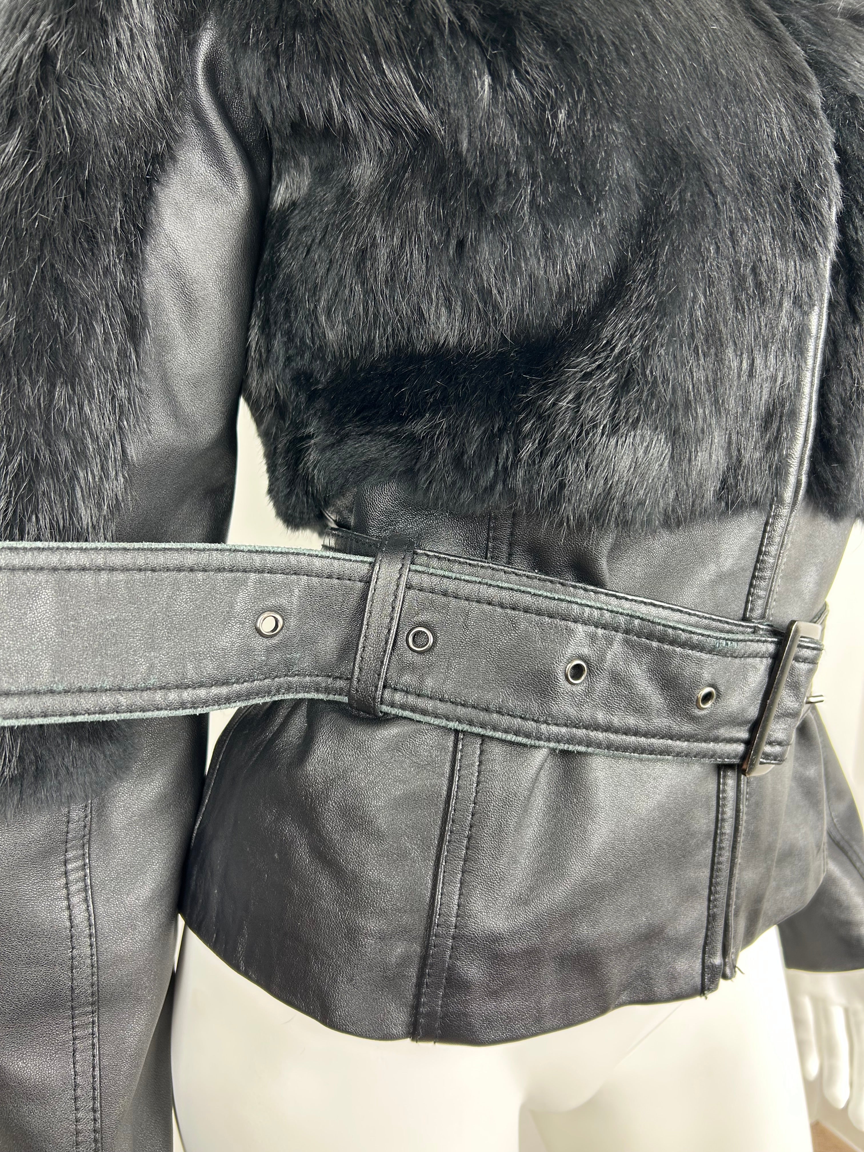 Real Leather Turtleneck Jacket with Belt and Real Fur Details