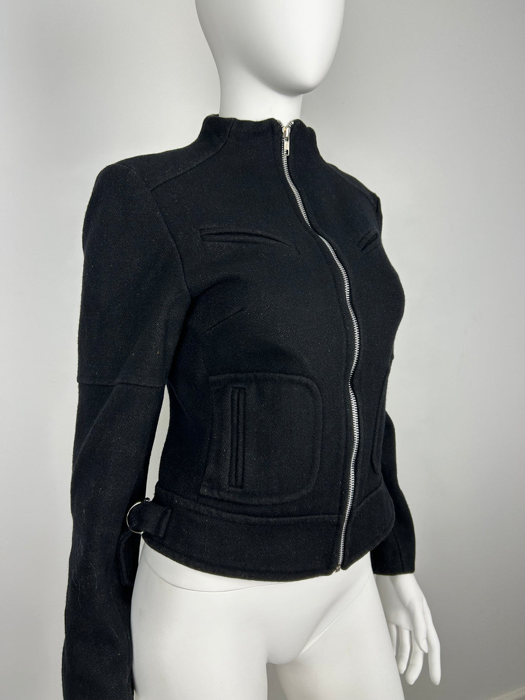 Wool Blend Biker Jacket with Straight Collar