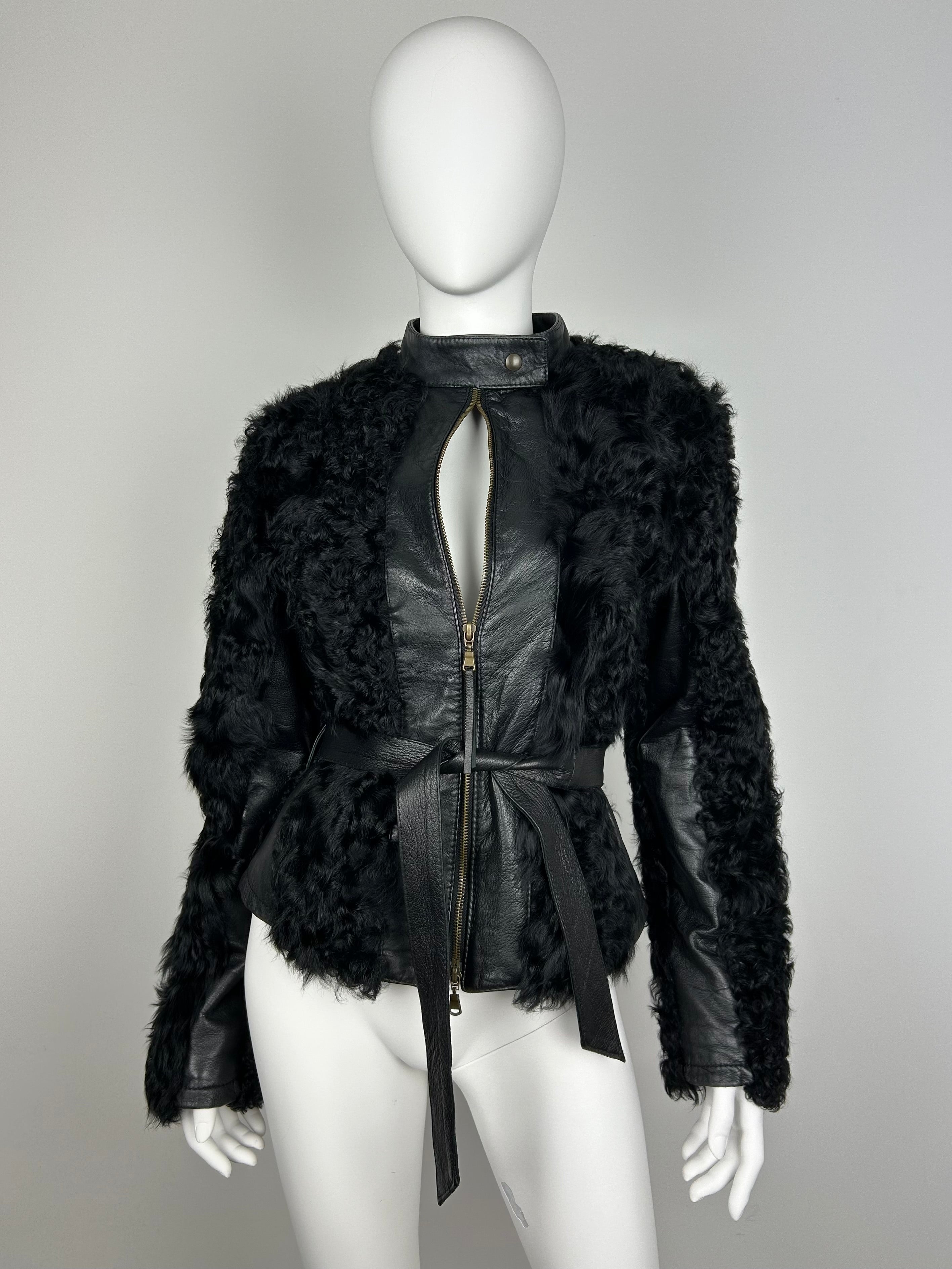 Real Leather Moto Jacket with Real Fur and Belt Details
