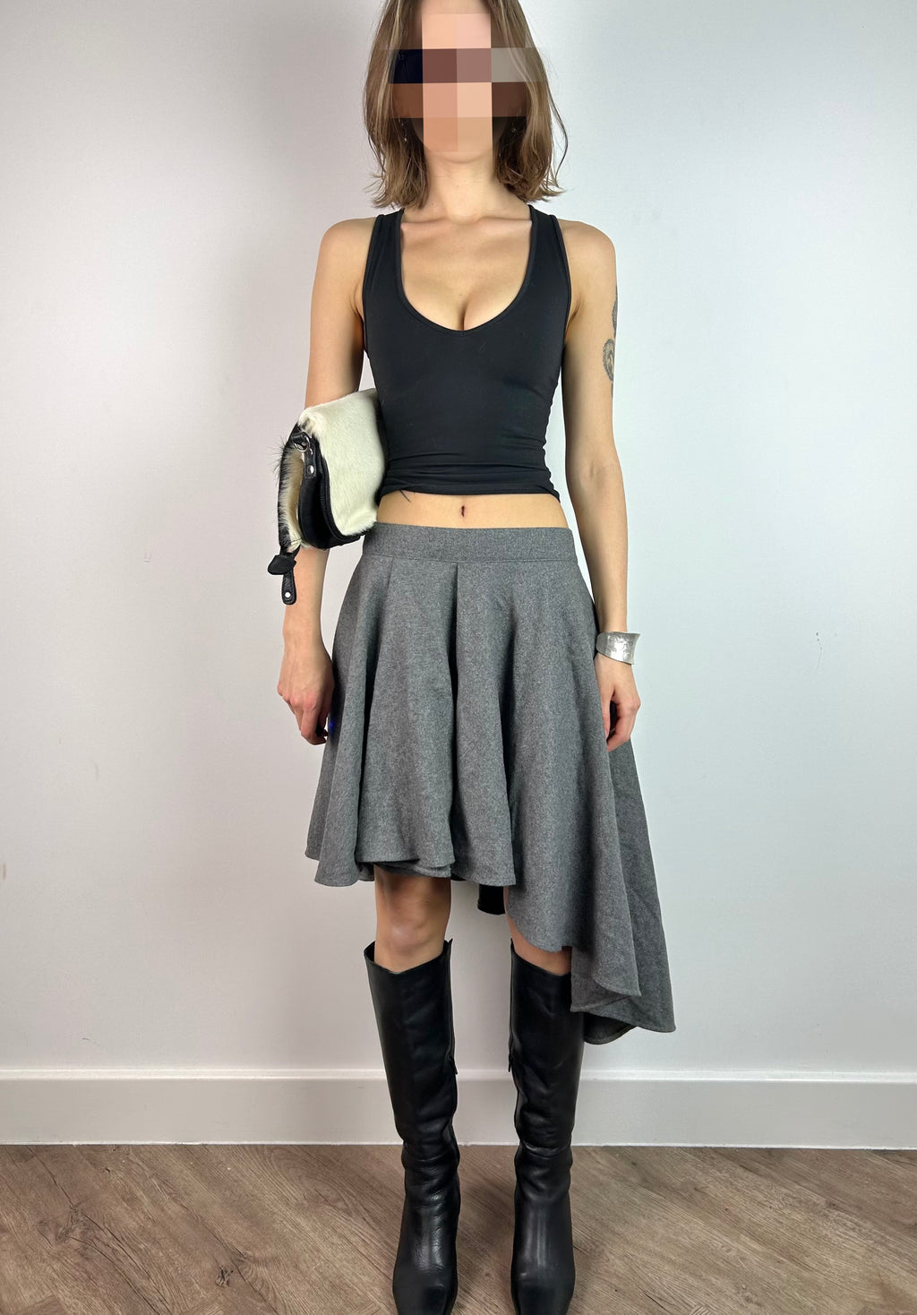 Grey Wool Asymmetrical MIDI Skirt