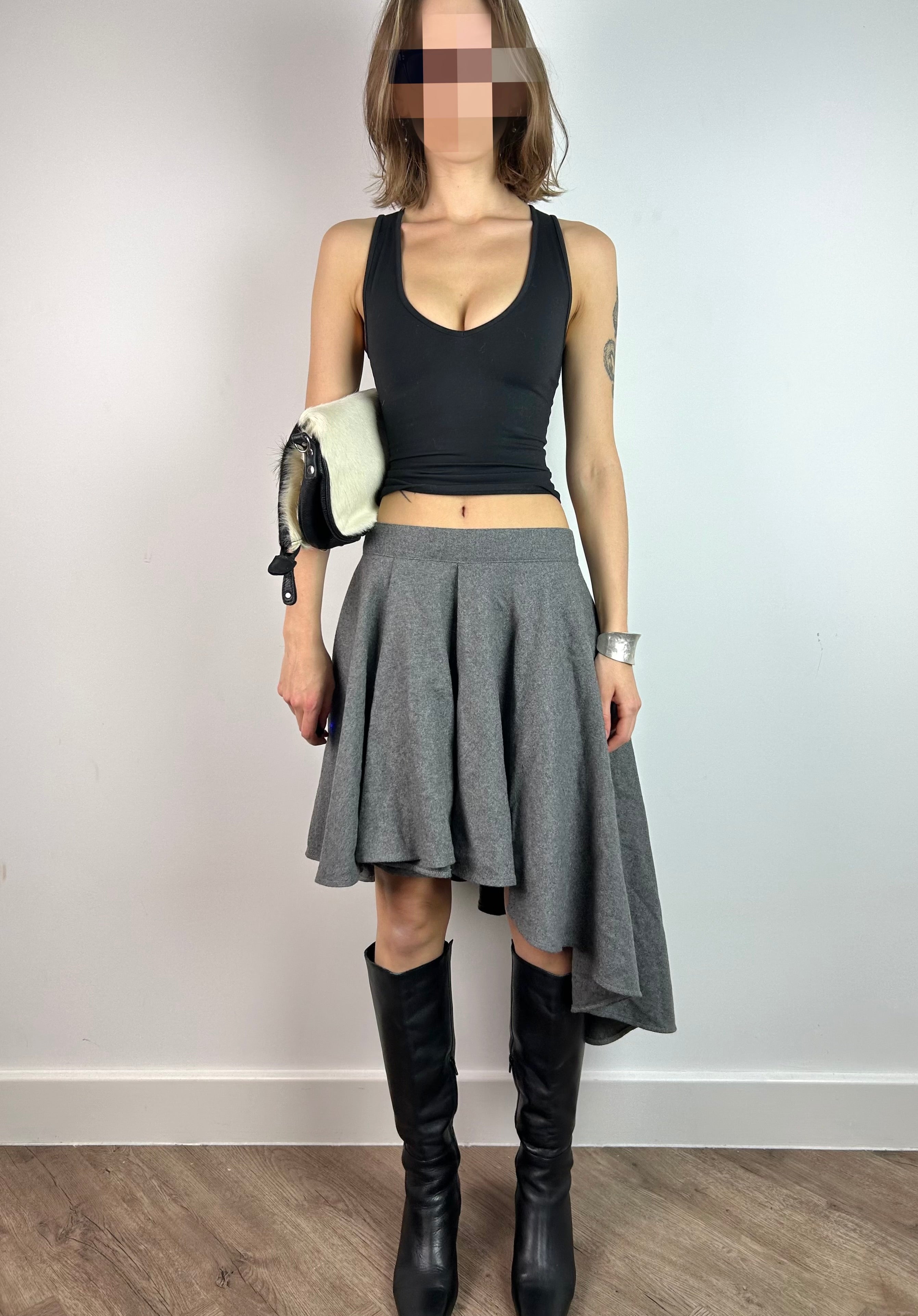 Grey Wool Asymmetrical MIDI Skirt