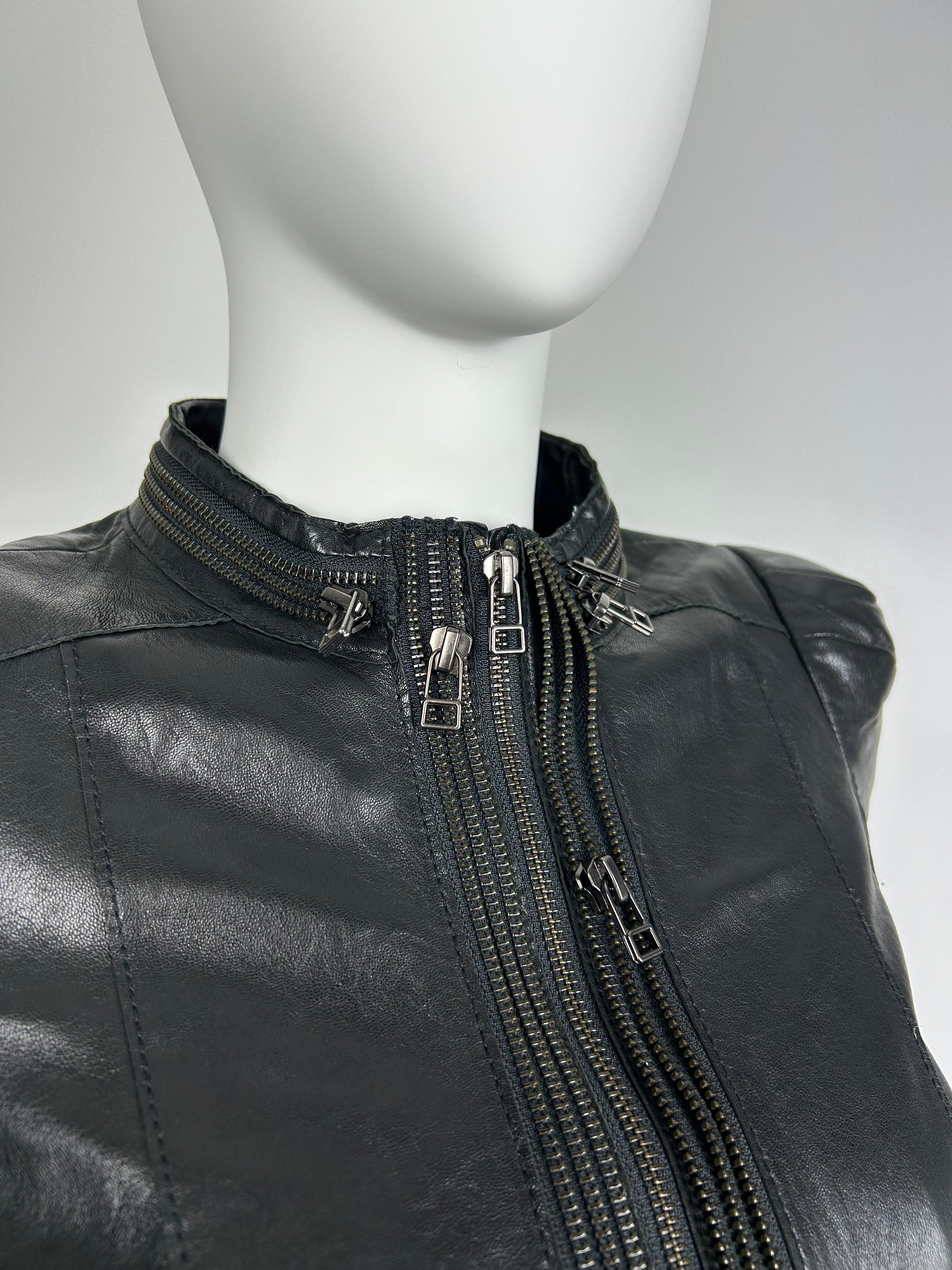 Real Leather Fitted Jacket with Decorative Zippers