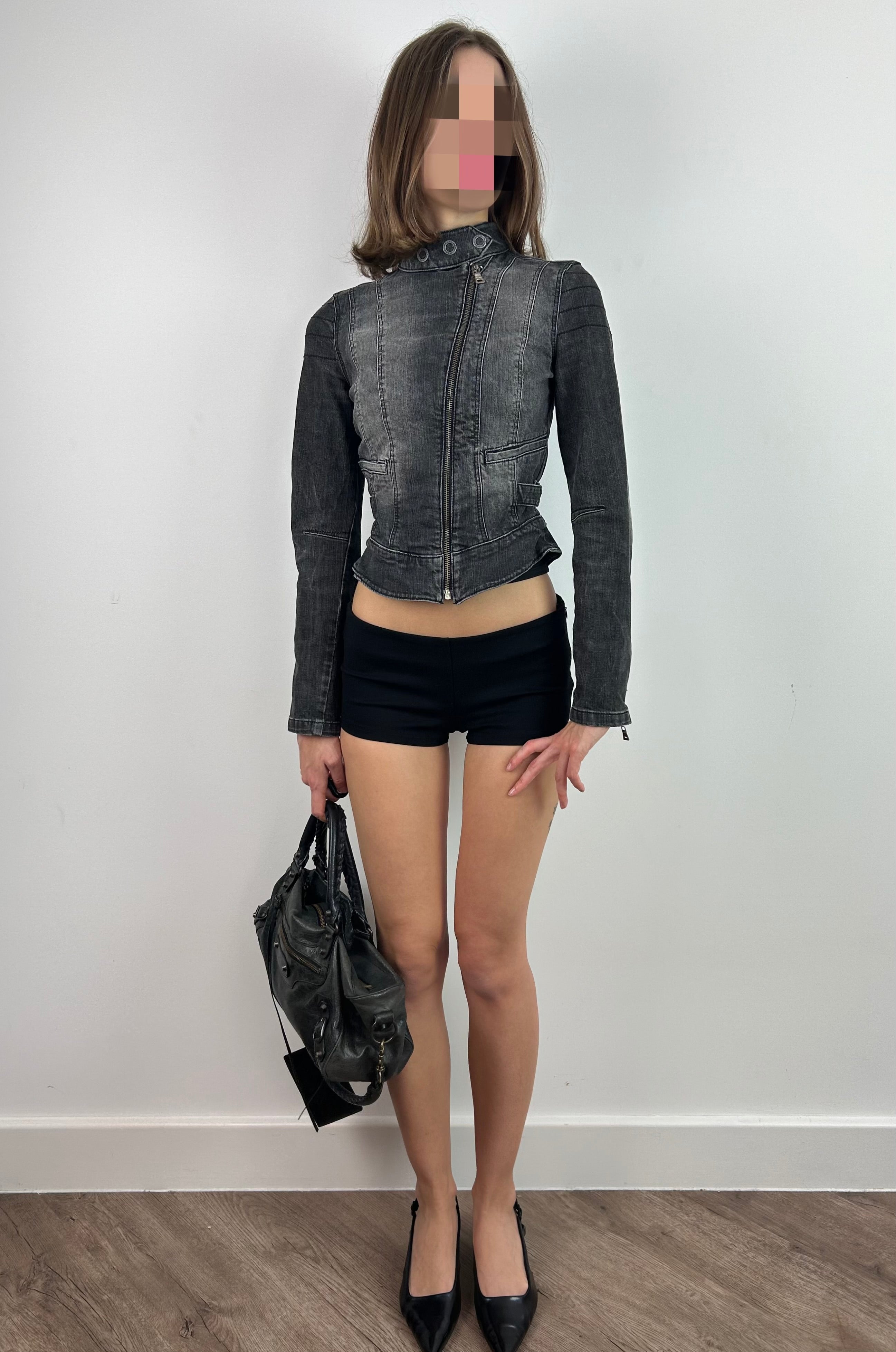 Grey Fitted Moto Denim Jacket